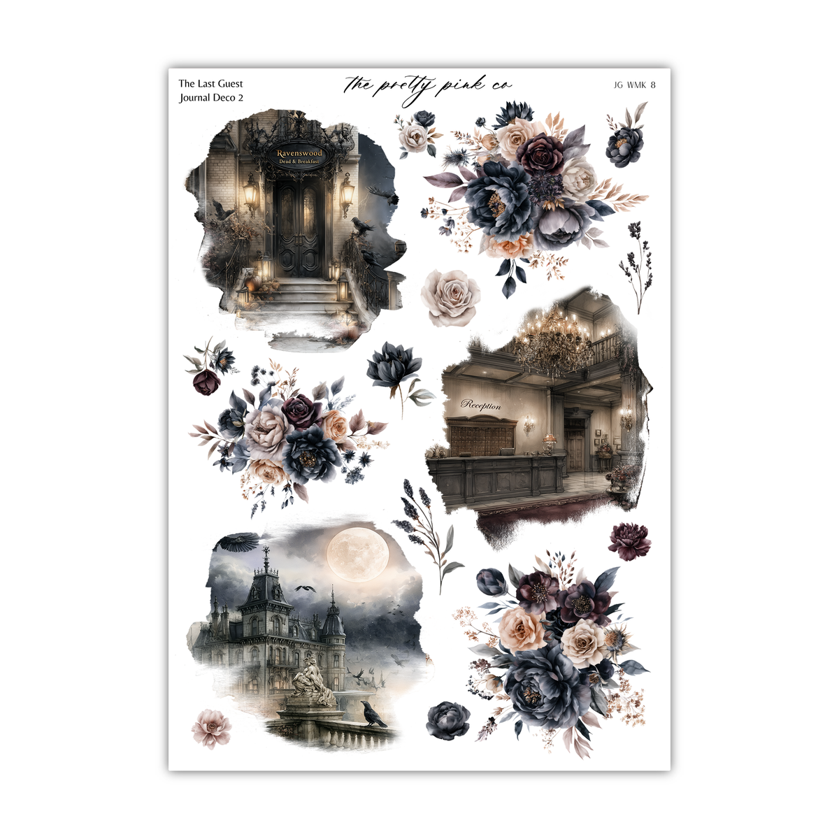 The image is a collage of various artistic and decorative elements, including floral designs, architectural structures, and a full moon.