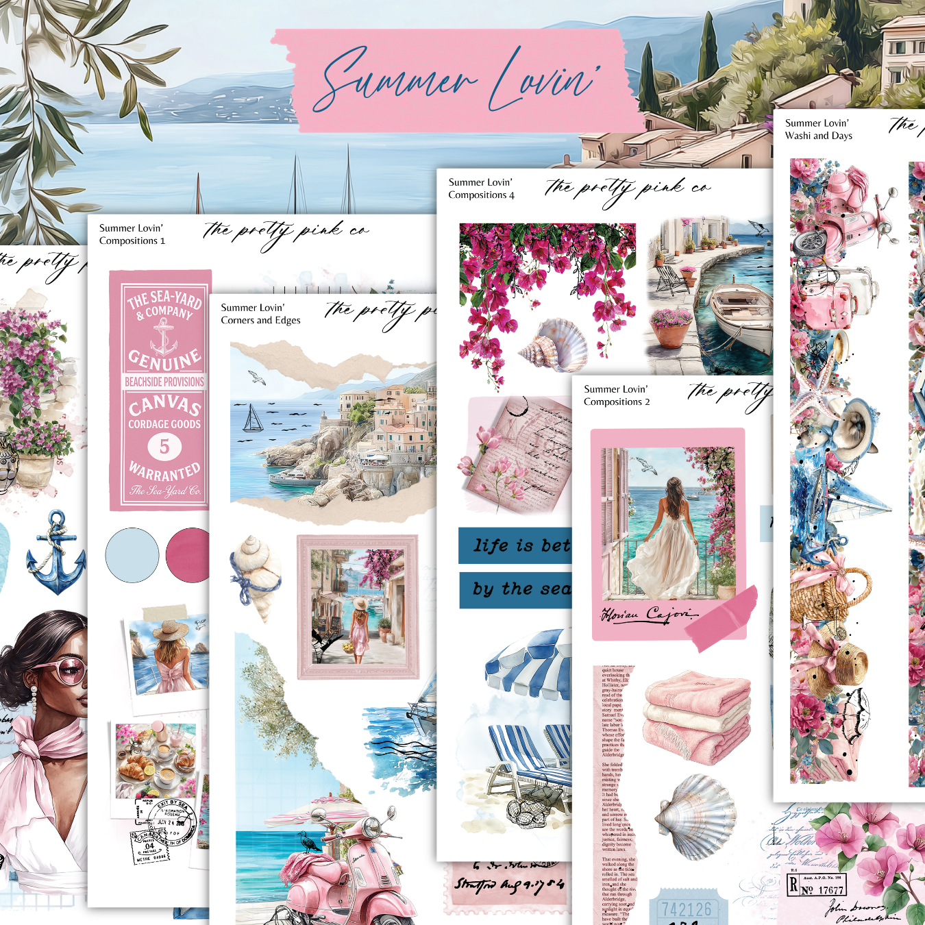 The image is a collage of various summer-themed images, including a beach scene, flowers, a woman in a dress, and other summer-related elements.