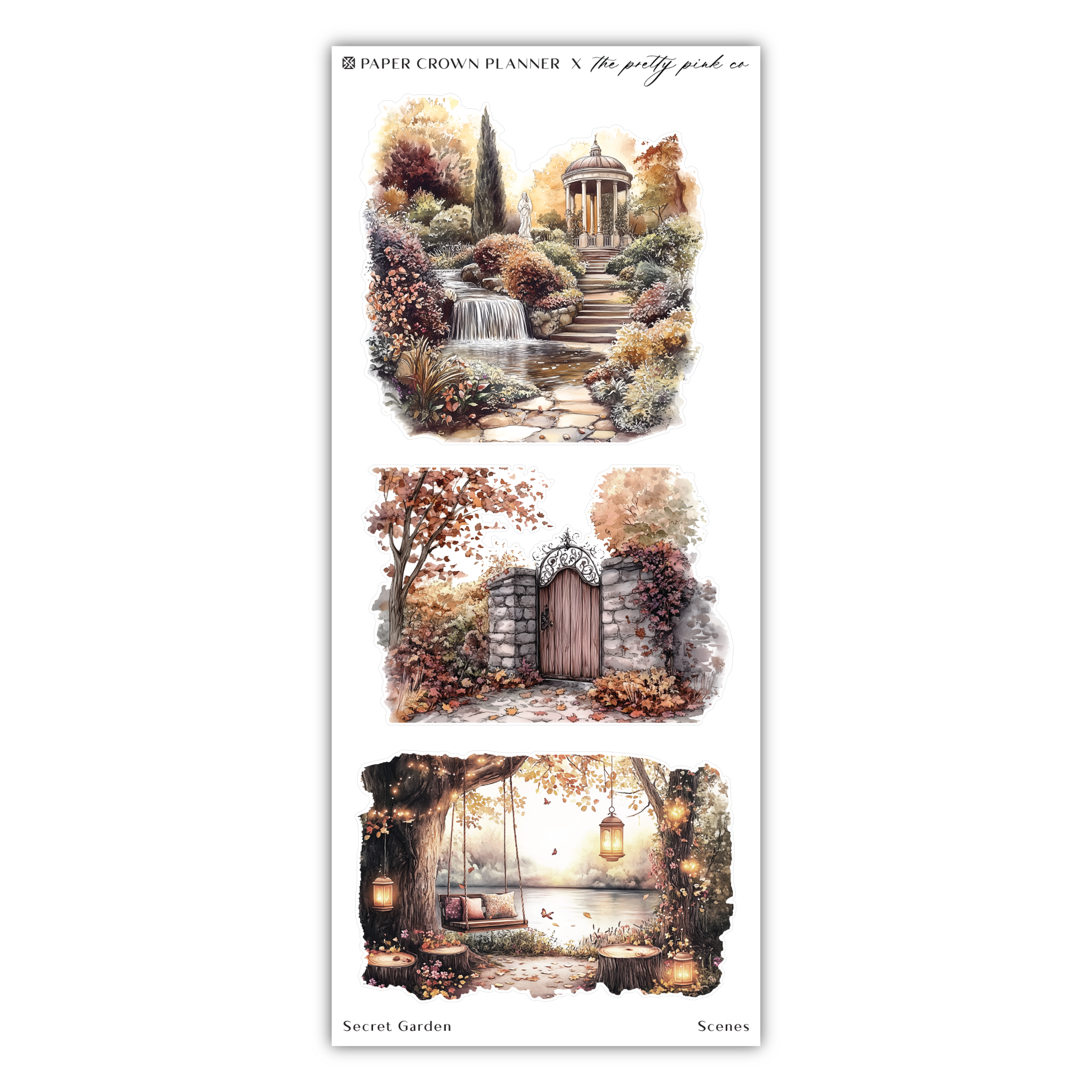 a set of three stickers with a garden scene