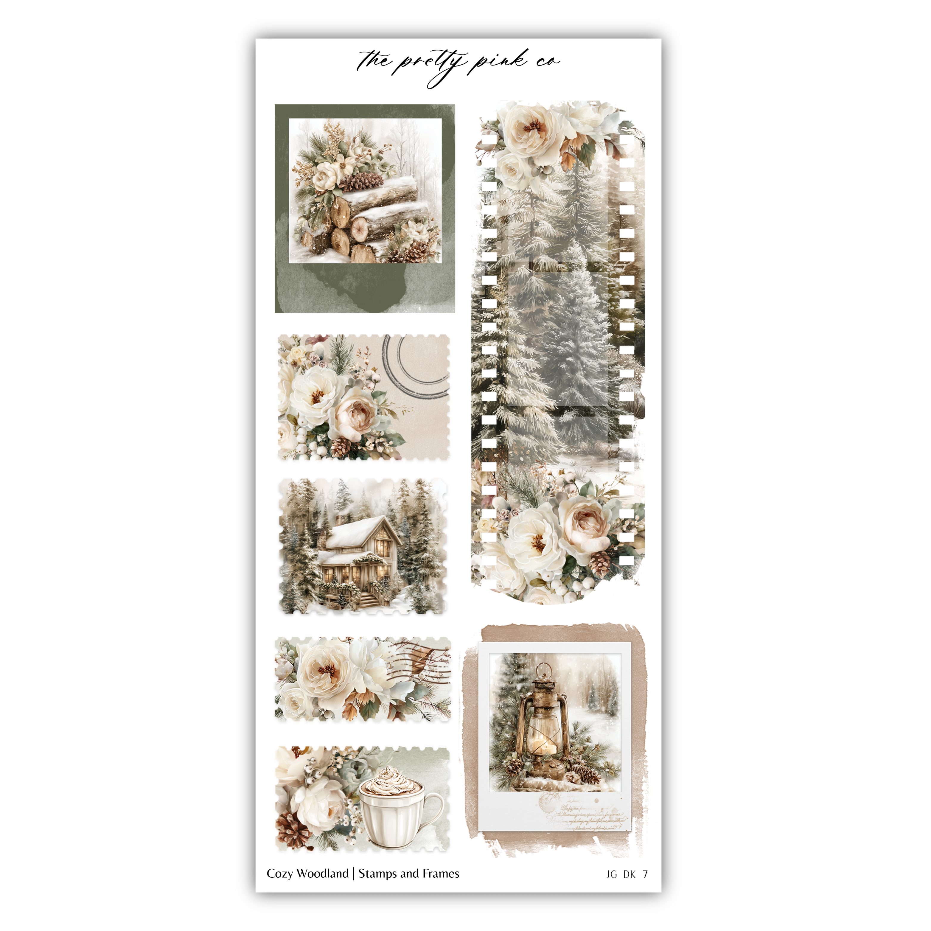 a collage of various winter-themed images, including a snowy forest, a cabin, flowers, and a lantern. The collage is titled "The pretty pink co" and includes a list of items such as "Cody Woodland Stamps and Frames".
