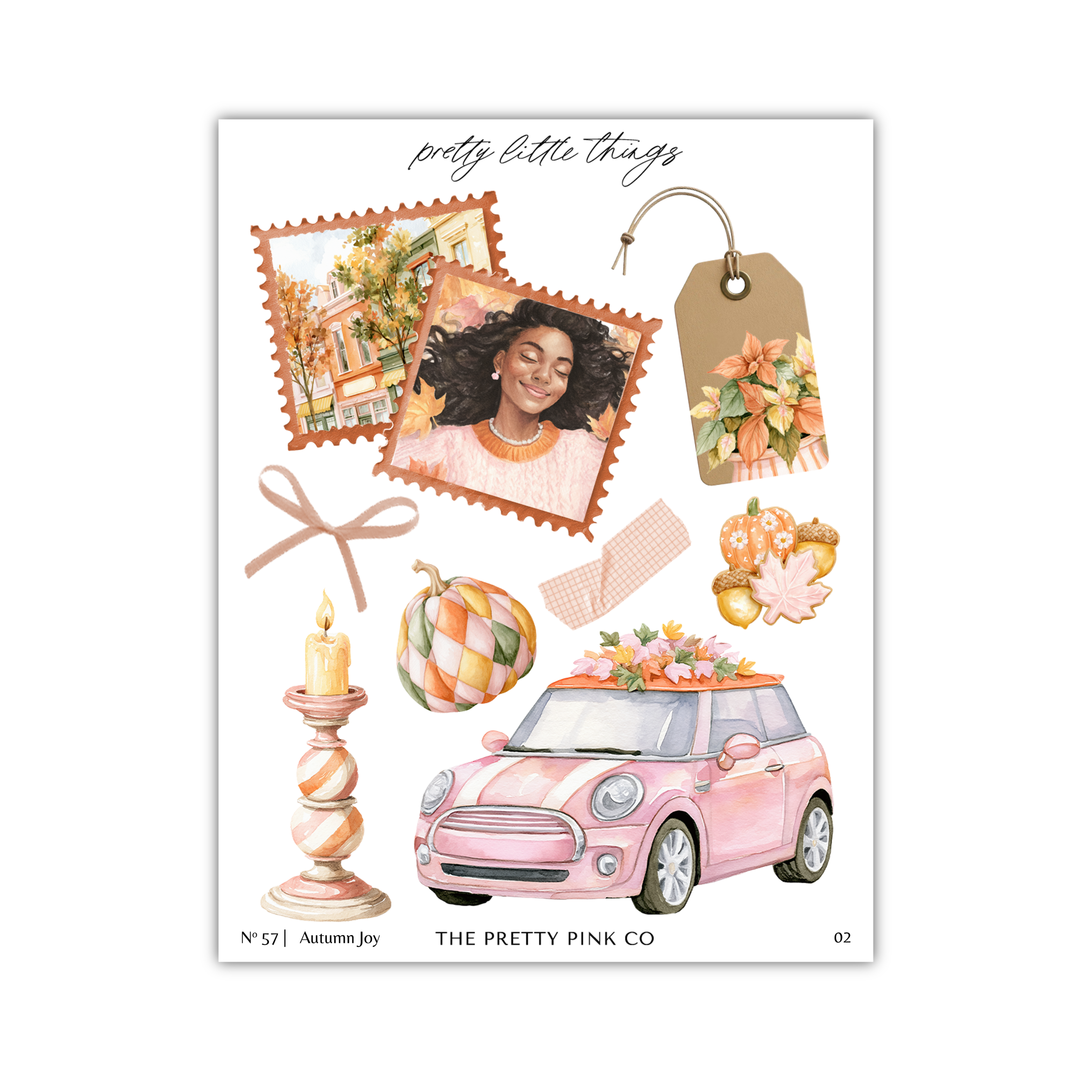 The image is a collage of various elements, including a woman, a car, a candle, and other decorative items, all set against a white background.