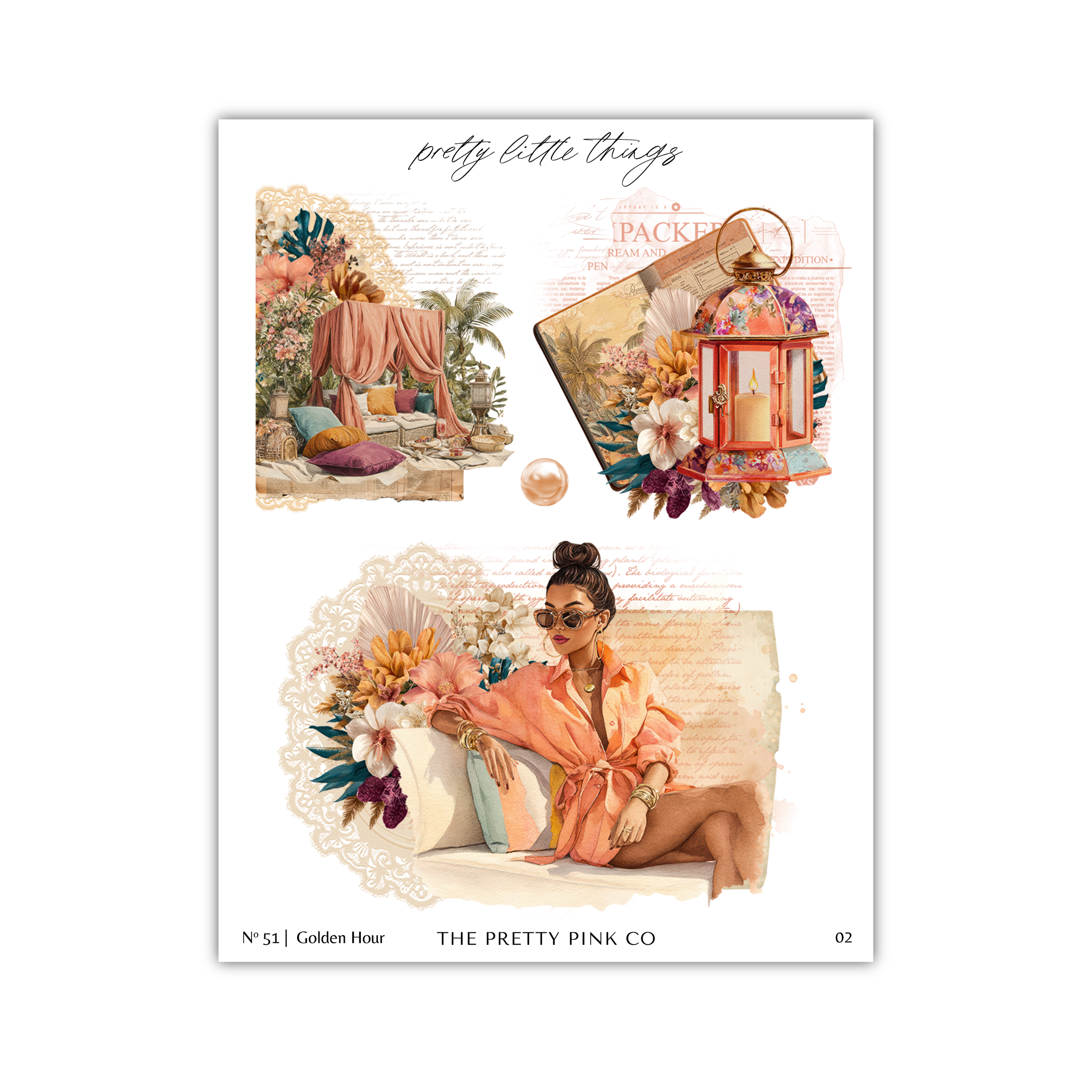 The image is a collage of three different scenes featuring a woman in various settings, including a tropical garden, a bedroom, and a lounge chair.