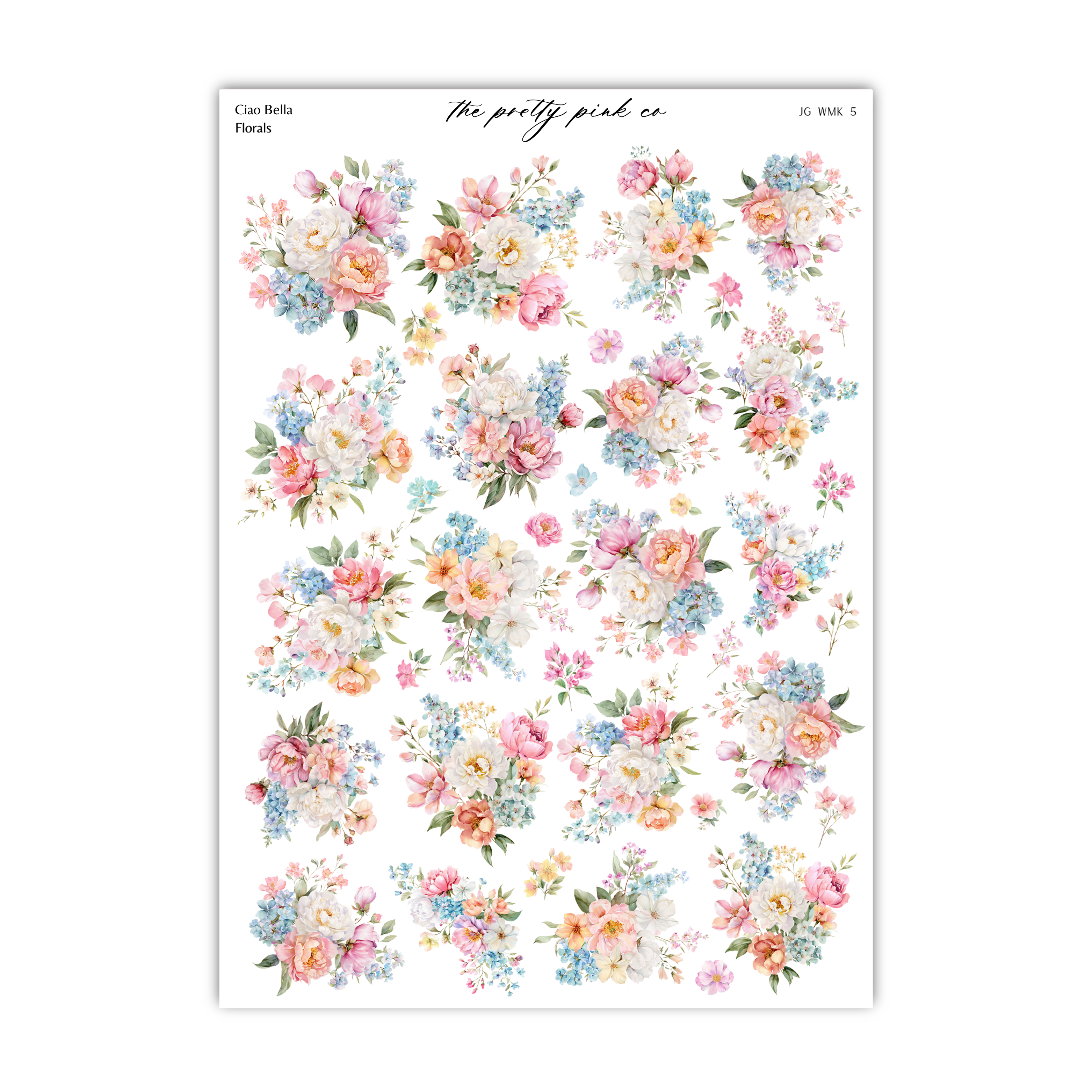 a collection of various floral designs, including different types of flowers and leaves, arranged in a visually appealing manner.