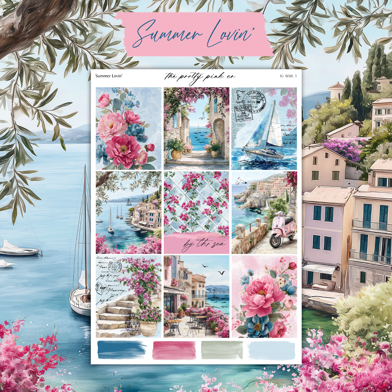 The image is a collage of various pictures depicting a coastal town with boats, flowers, and buildings.
