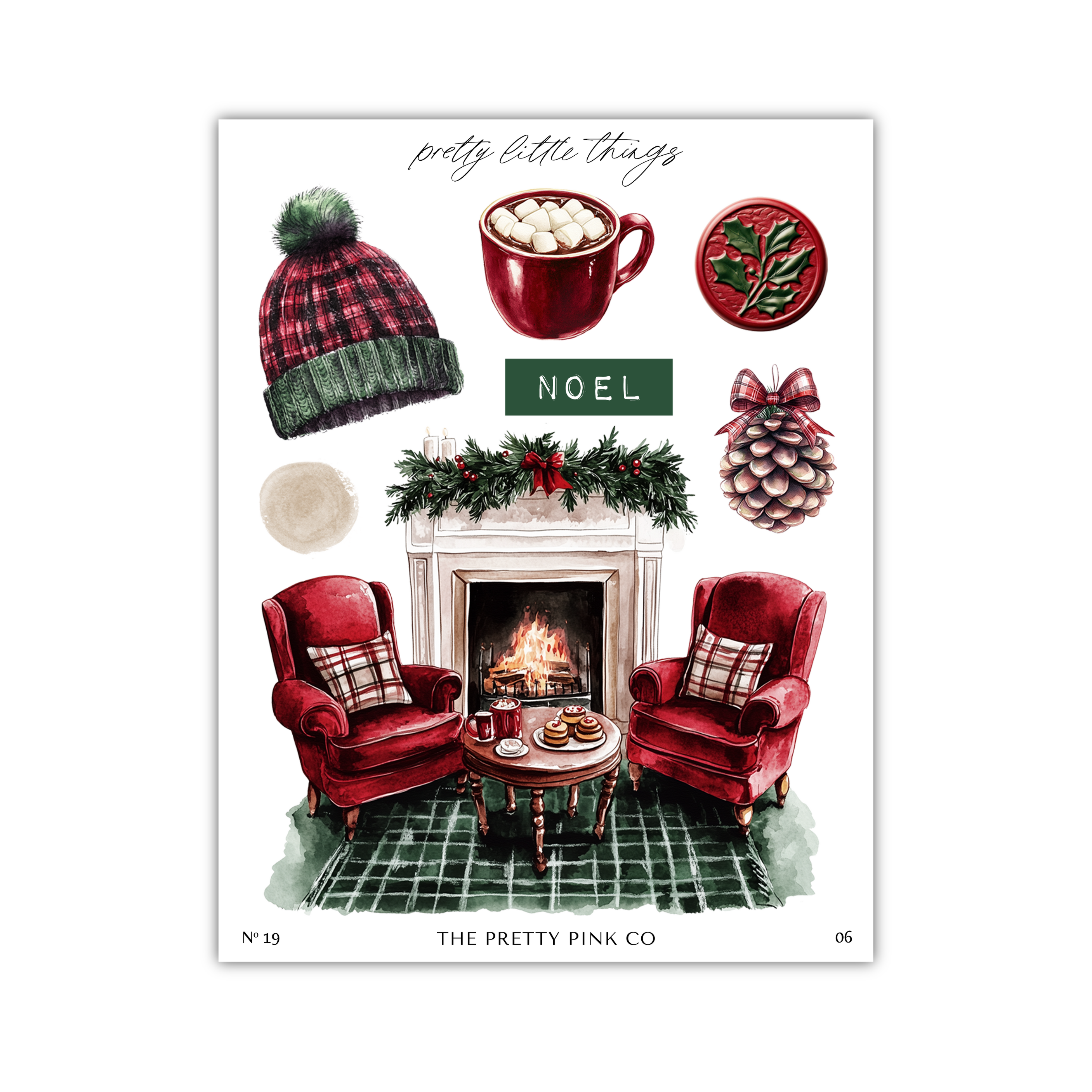 The image is a collage of various Christmas-themed items, including a fireplace, a mug of hot chocolate, a cozy red armchair, a pine cone, a bow, and a Christmas tree. The collage is titled "N°19" and features the text "the pretty pink co" at the bottom.
