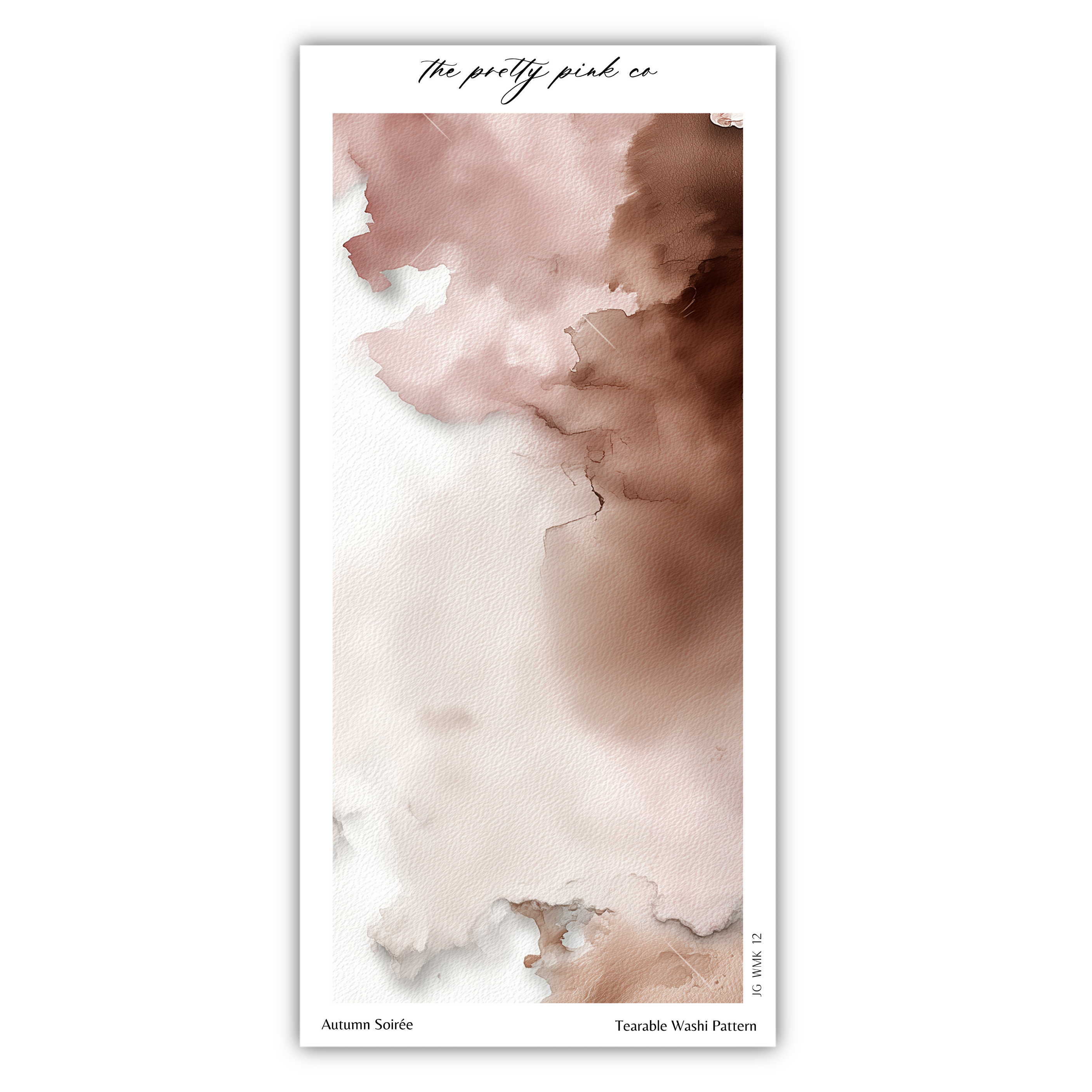 The image is a watercolor painting with a soft, pastel color palette. The painting features a blend of pink, brown, and white hues, creating a serene and calming atmosphere. The artist's signature, Autumn Soiree, is visible in the bottom left corner. The painting is described as a "Terrable Wash Pattern" and is part of a series of artworks by the artist.