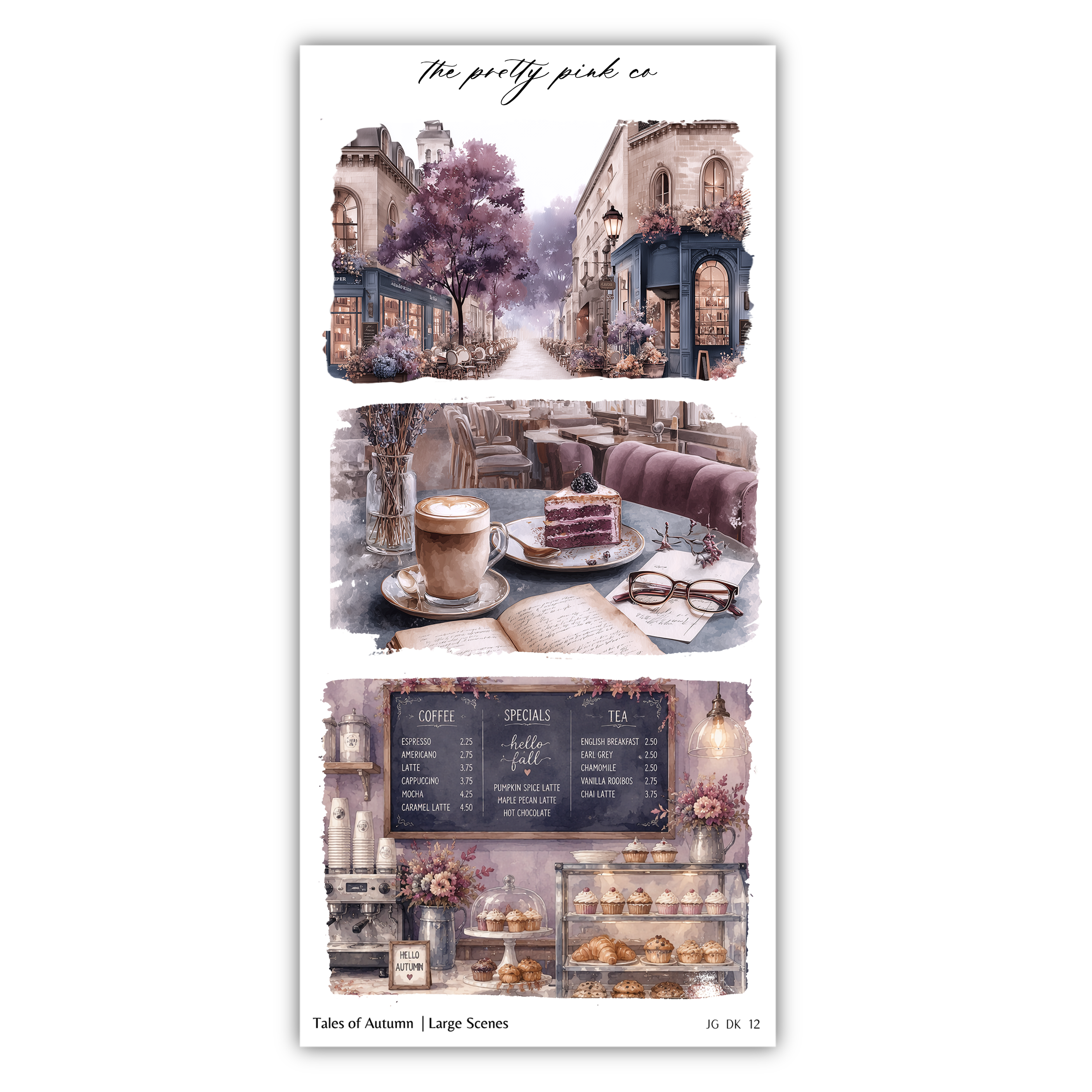 The image is a collage of three pictures depicting a cozy café scene with various items such as a cake, coffee cups, and a menu board.