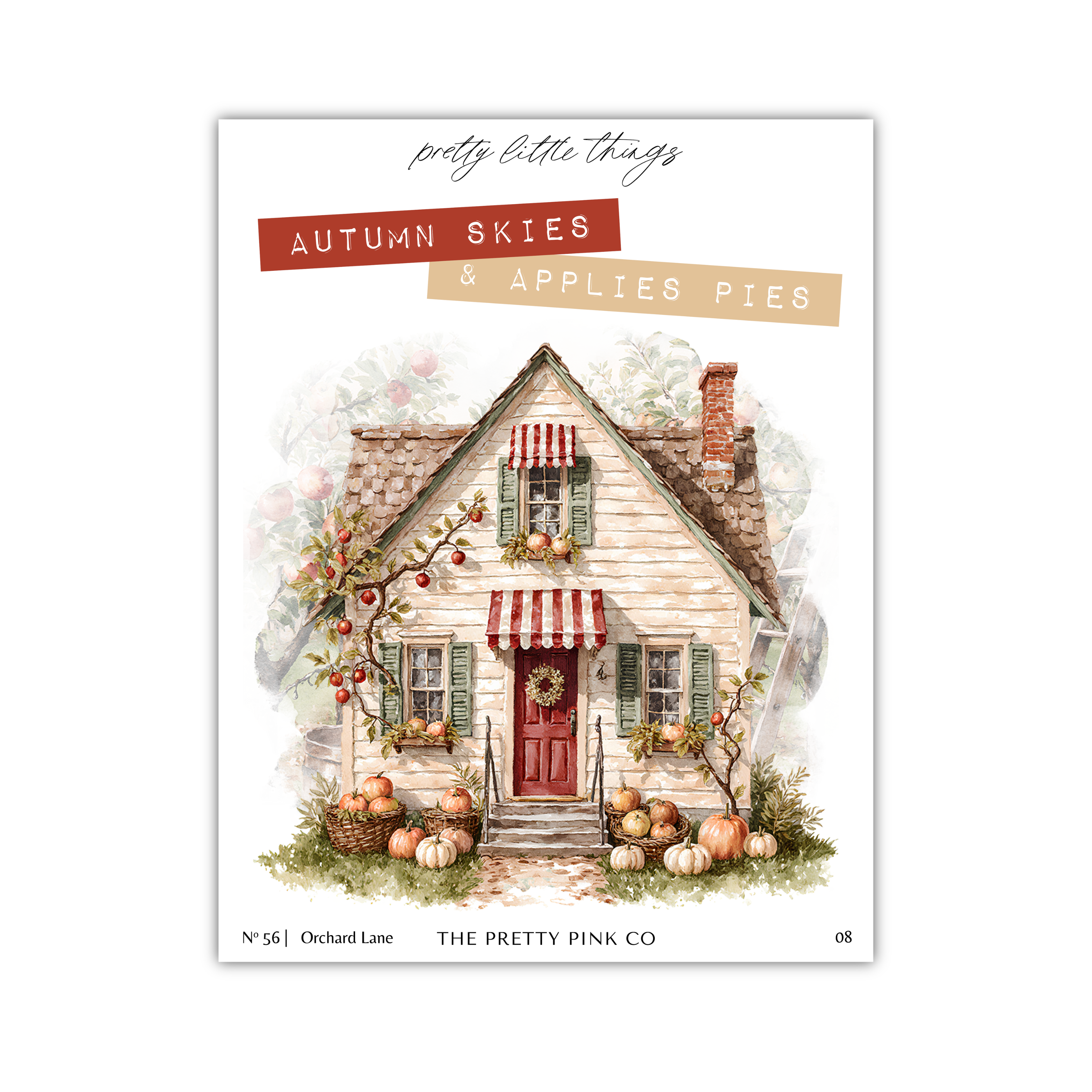 The image is a collage of various autumn-themed elements, including a house, pumpkins, apples, and a wreath. The collage is titled "AUTUMN SKIES & APPLES PIES" and features the text "pretty little things" at the top.