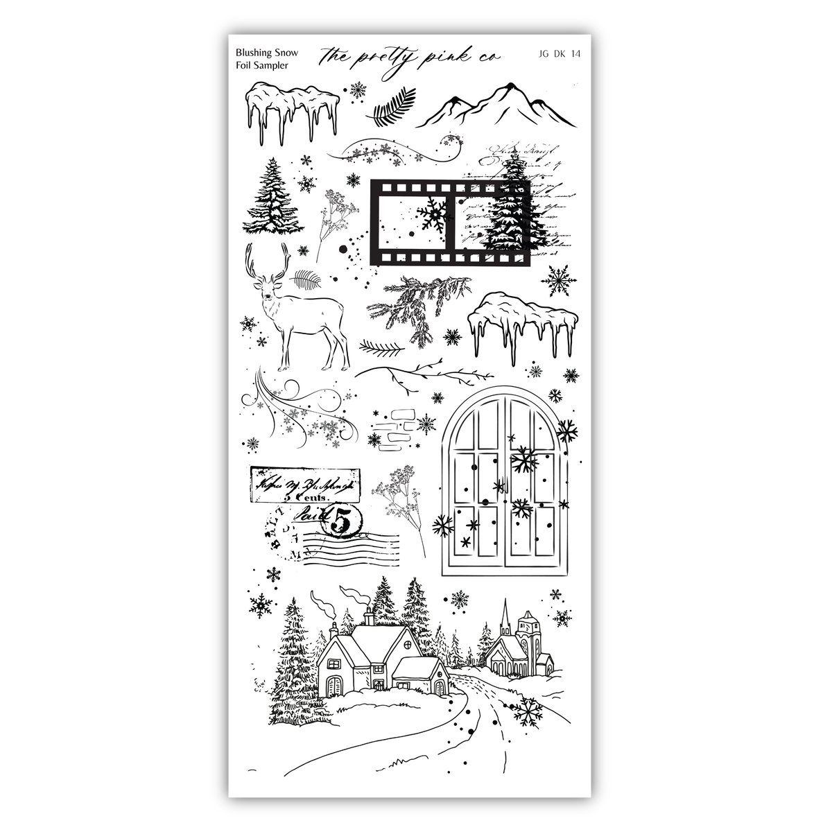 various winter-themed illustrations, including snowflakes, pine trees, mountains, and a snowy landscape. The overall composition is a collage of different winter scenes, creating a visually appealing and festive display.
