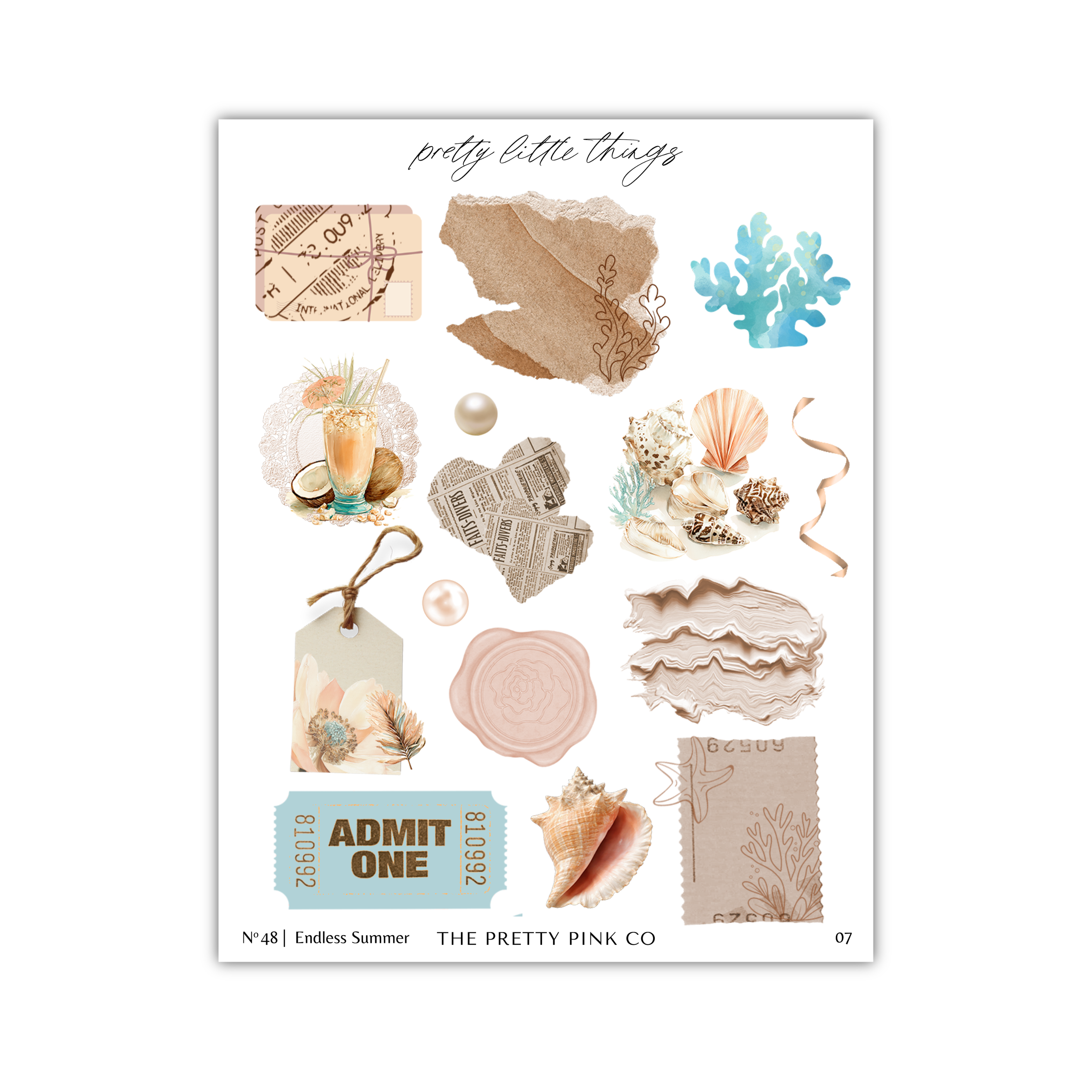 The image is a collage of various decorative elements, including seashells, flowers, and other natural motifs, arranged in a visually appealing manner.