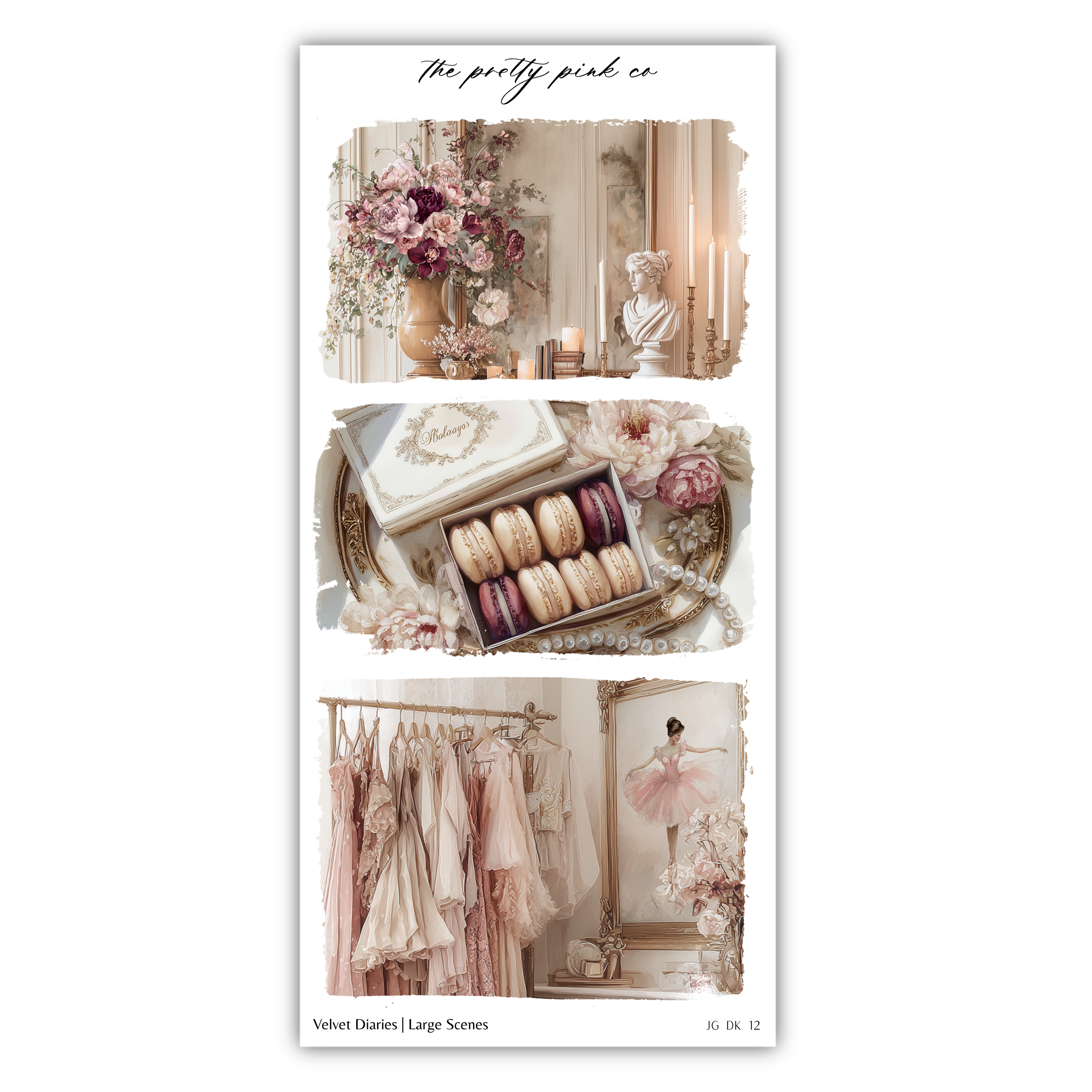 The image is a collage of three pictures, each depicting different scenes related to the brand "The pretty pink co". The first image shows a bouquet of flowers, the second image displays a display of macarons, and the third image features a ballerina in a tutu.