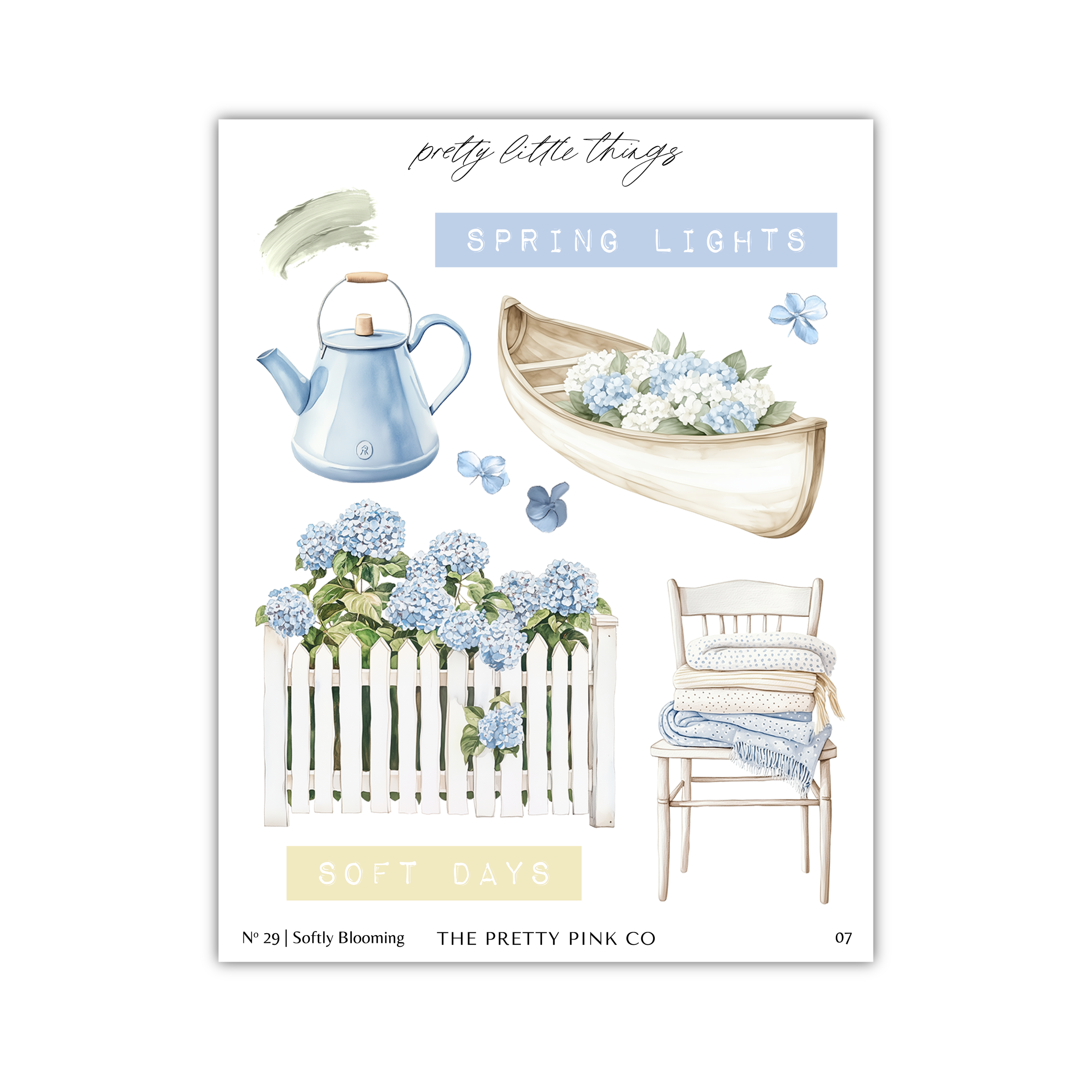 The image is a collage of various spring-themed items, including a teapot, a canoe, a white picket fence, a stack of blankets, and a bouquet of blue hydrangeas.