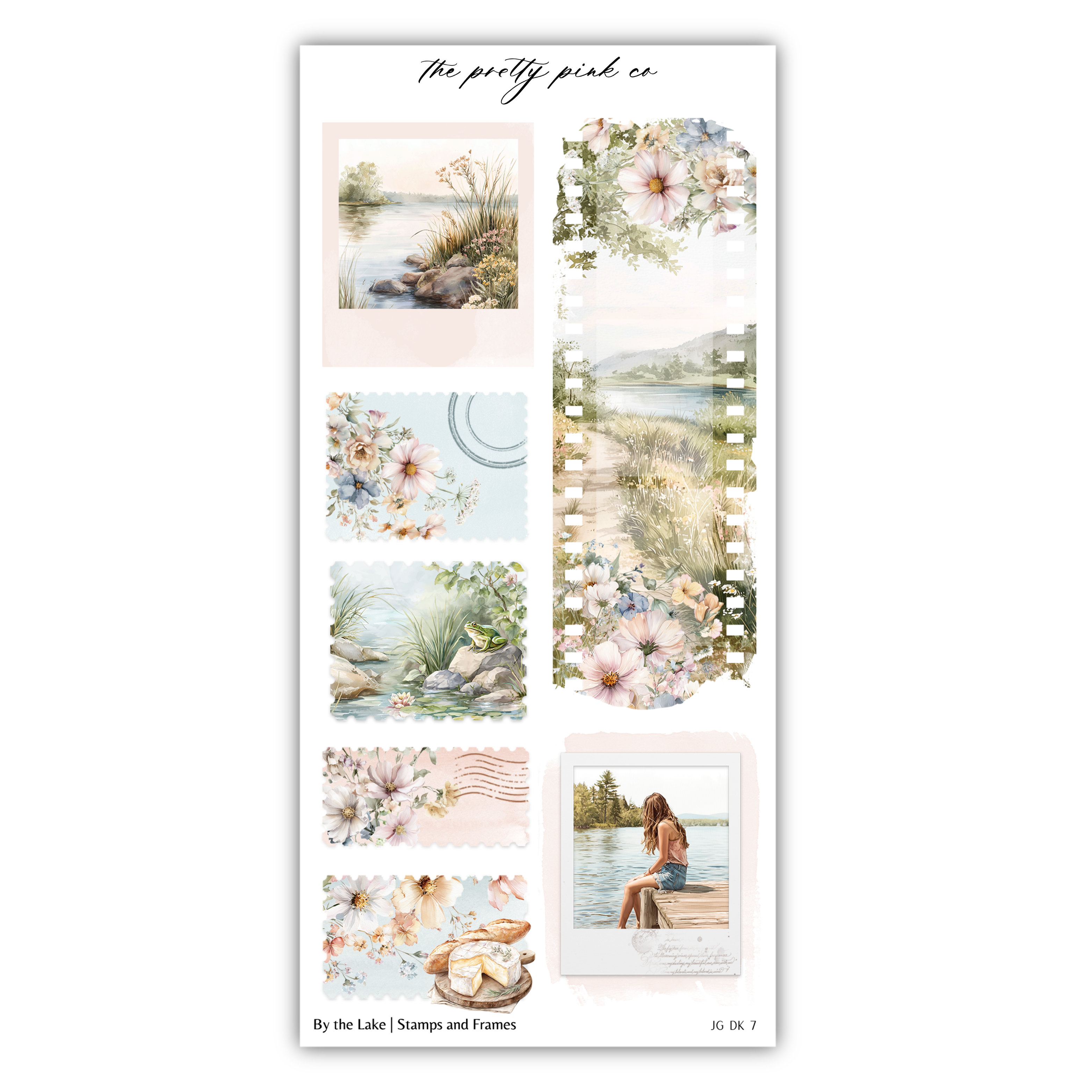The image is a collage of various floral and nature-themed images, including a landscape, a person sitting on a bench, and other scenic elements. The collage is titled "The pretty pink co" and includes a stamp and a frame.