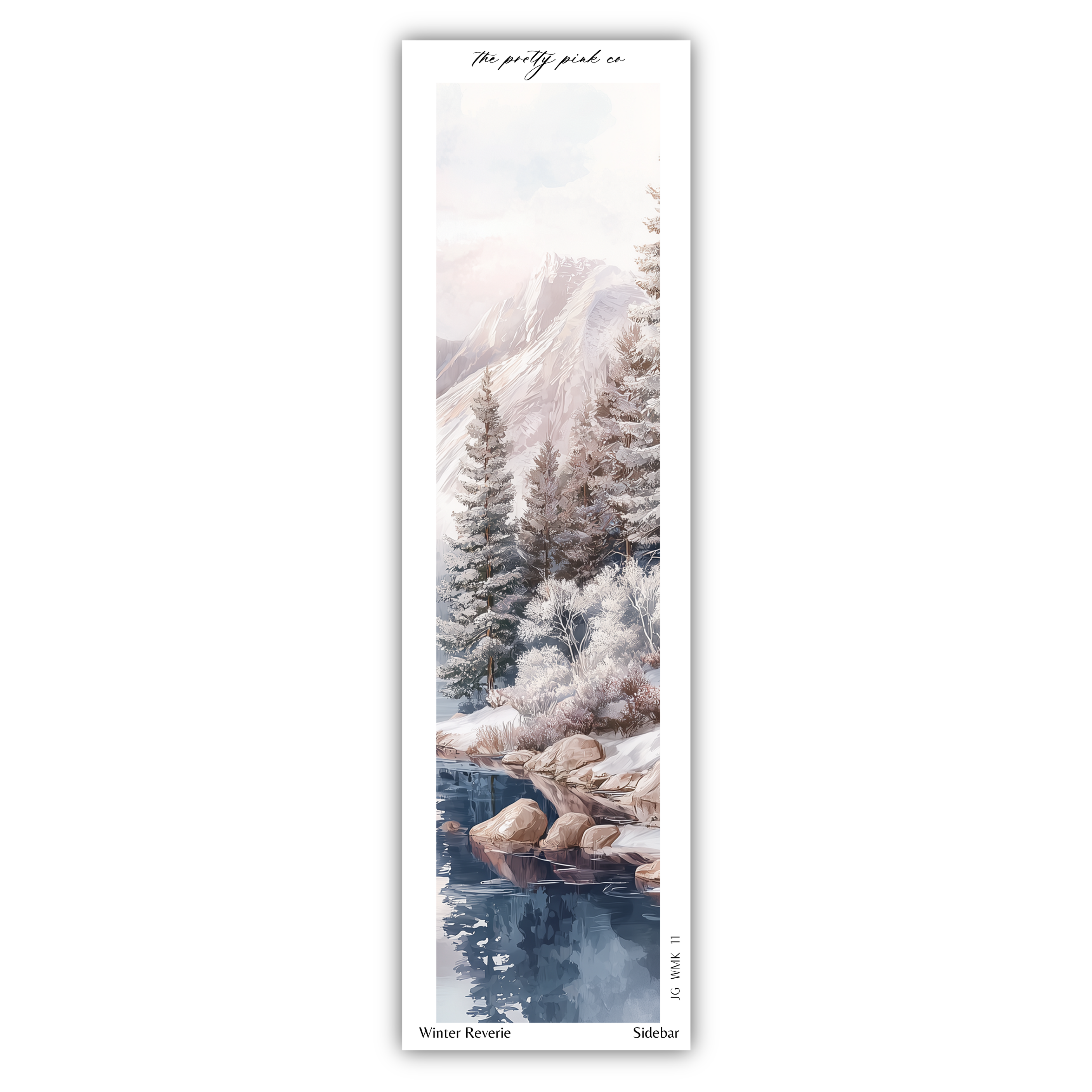 A serene winter landscape with snow-covered pine trees, a frozen lake, and a majestic mountain range in the background.