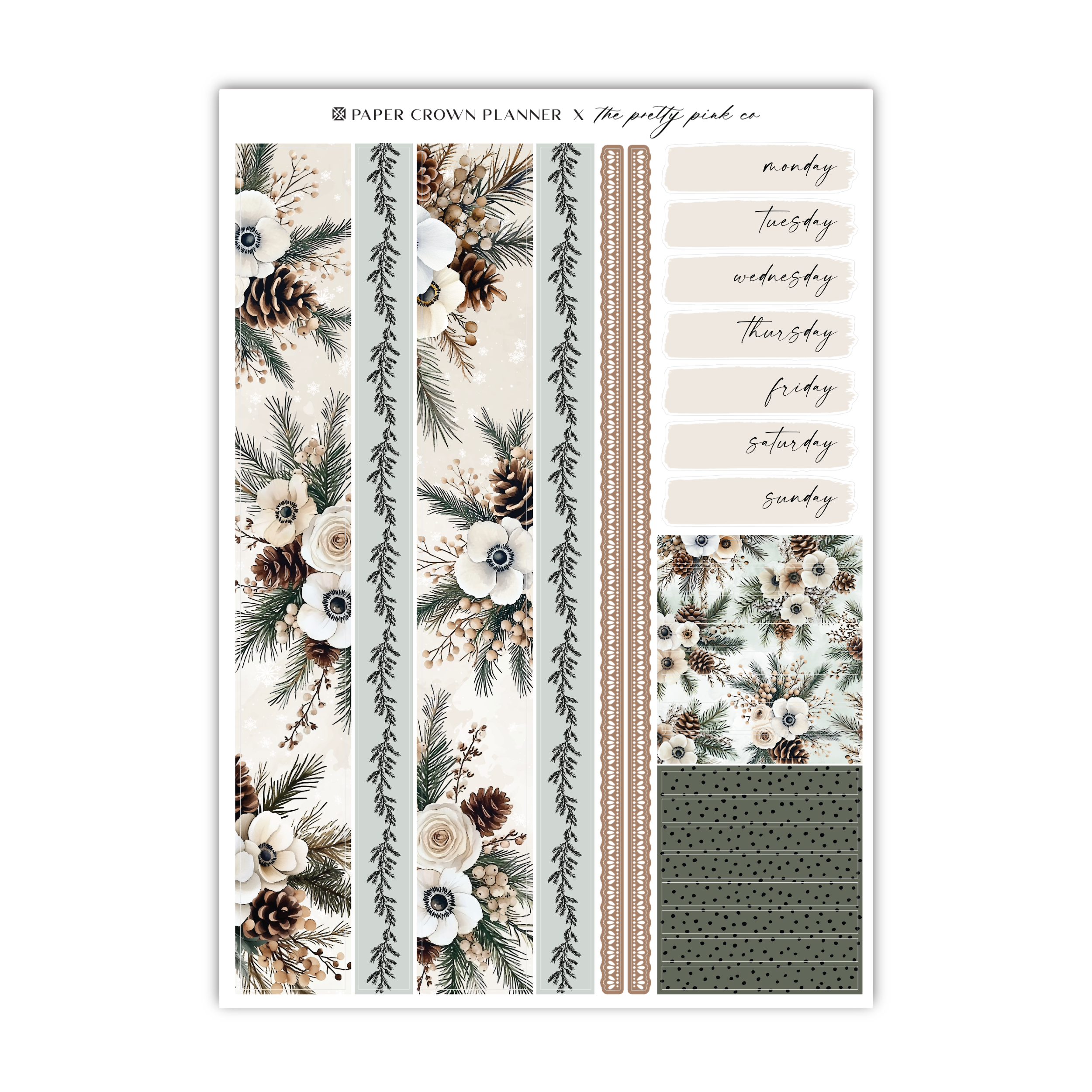 a sticker sheet with pine cones and flowers