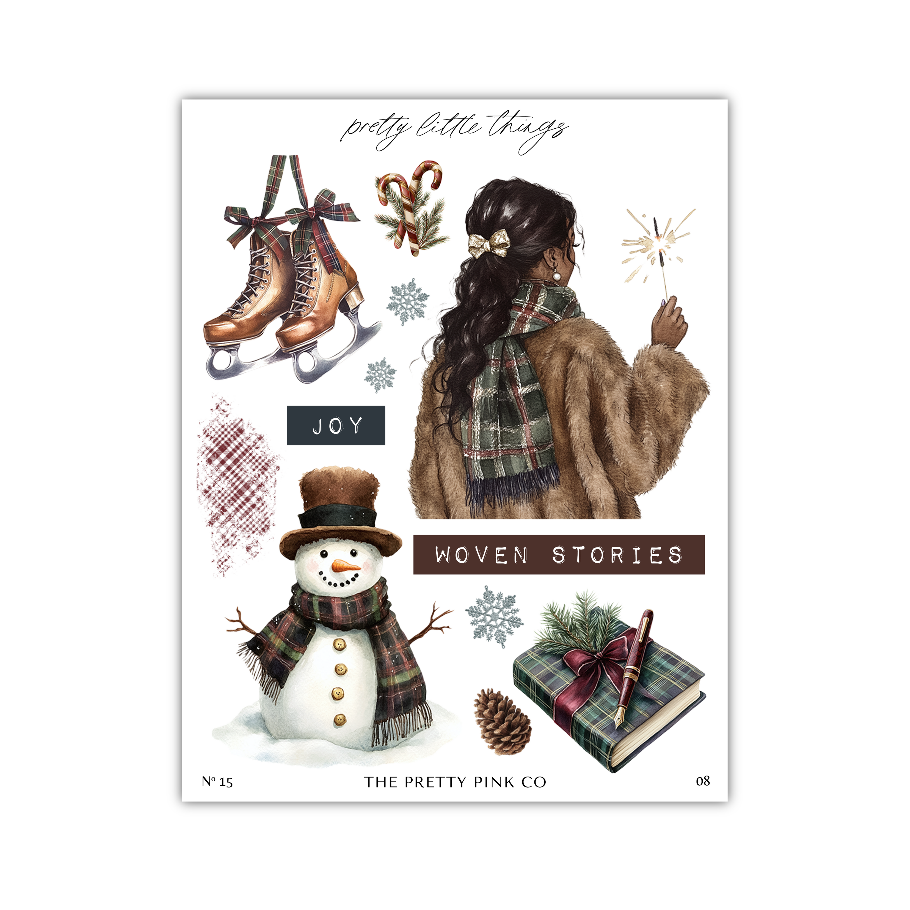 The image is a collage of various winter-themed items, including a pair of skis, a snowman, a book, a sparkler, and a scarf. The collage is titled "Woven Stories" and features illustrations of a woman, a snowman, and a sparkler.