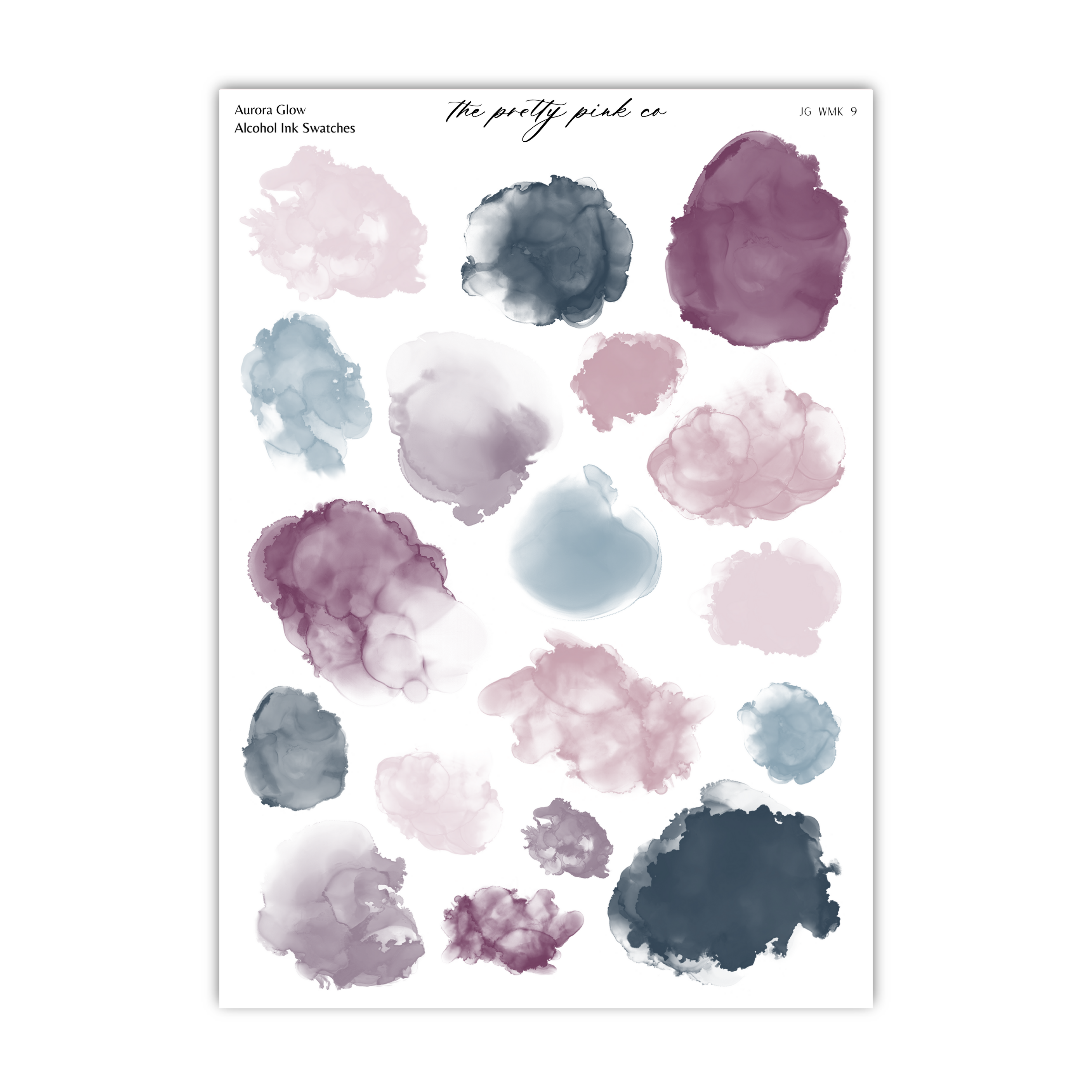 a collection of abstract watercolor brush strokes in various shades of purple, blue, and pink, arranged in a grid-like pattern.