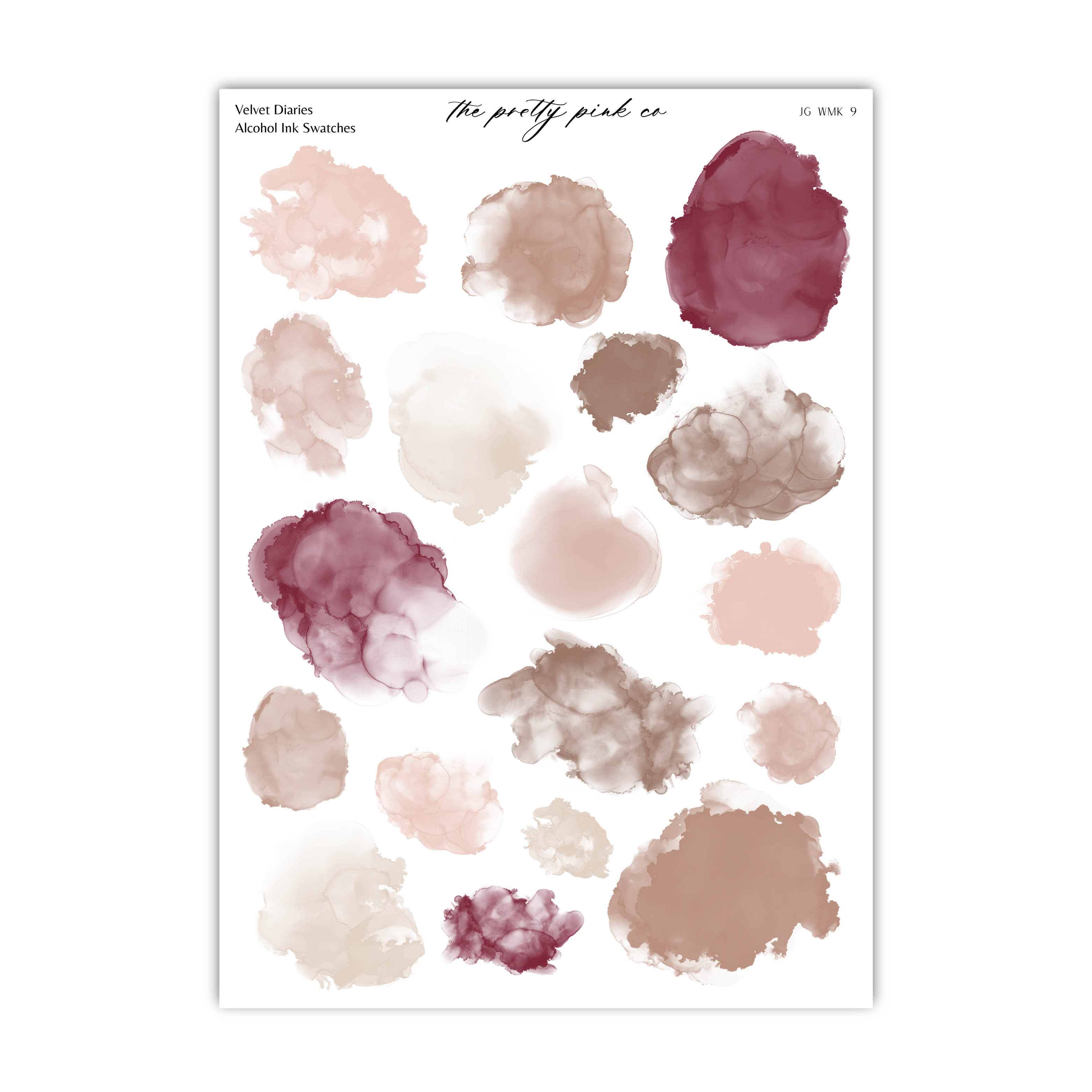 a collection of abstract watercolor brush strokes in various shades of pink, beige, and burgundy, arranged in a grid-like pattern.