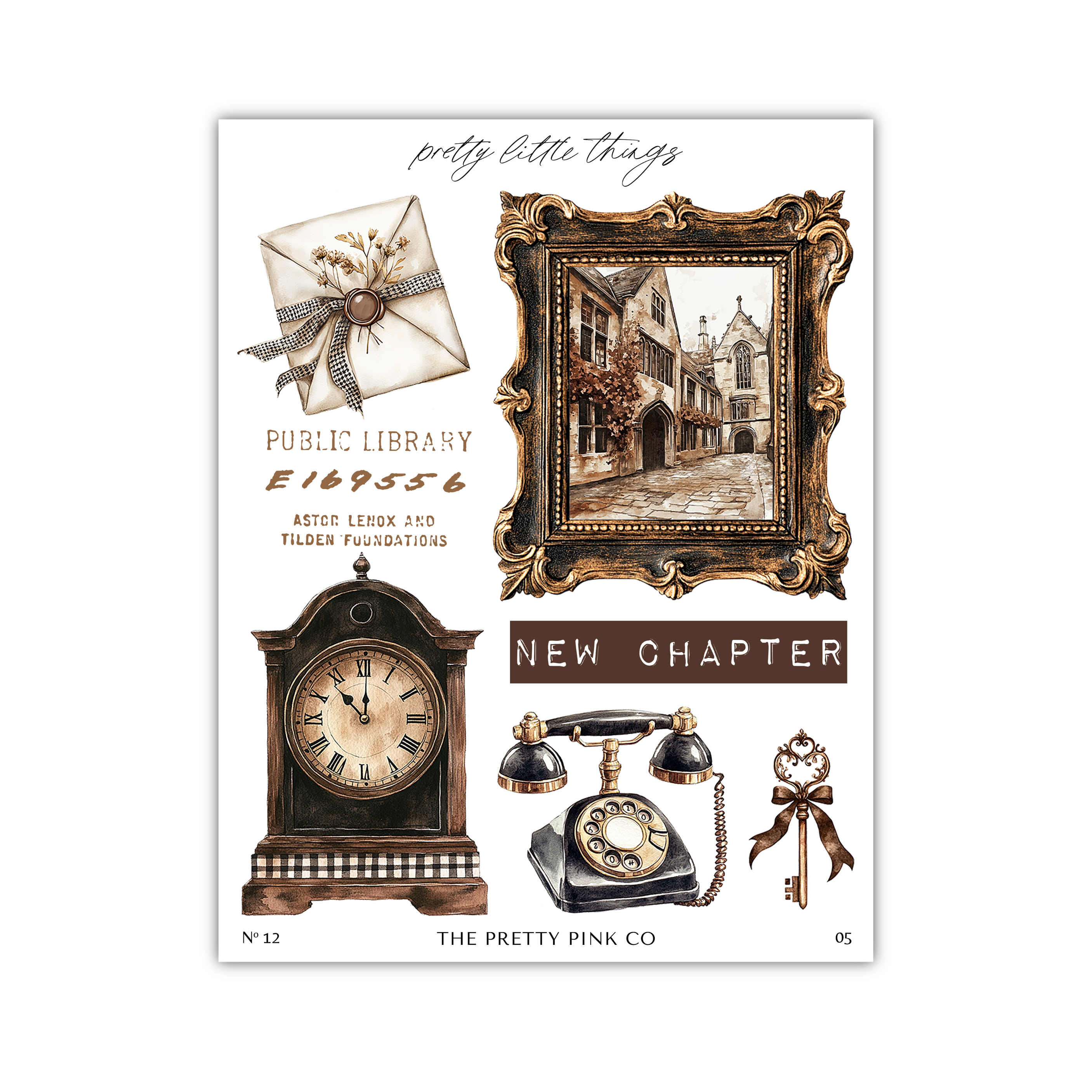The image is a collage of various vintage-style items, including a clock, a framed picture, a key, and a ribbon.