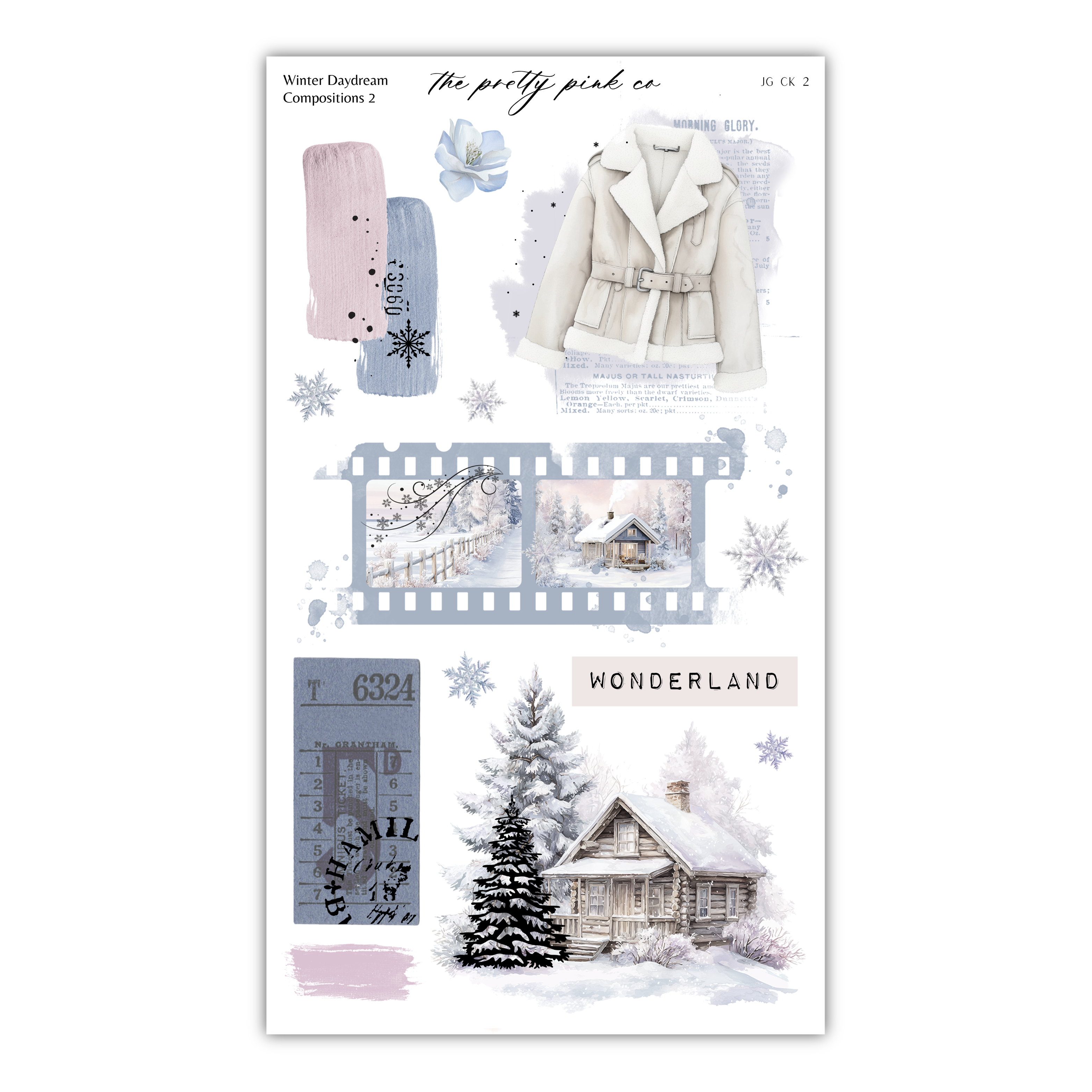 The image is a collage of various winter-themed elements, including a coat, a cabin, and snowflakes.