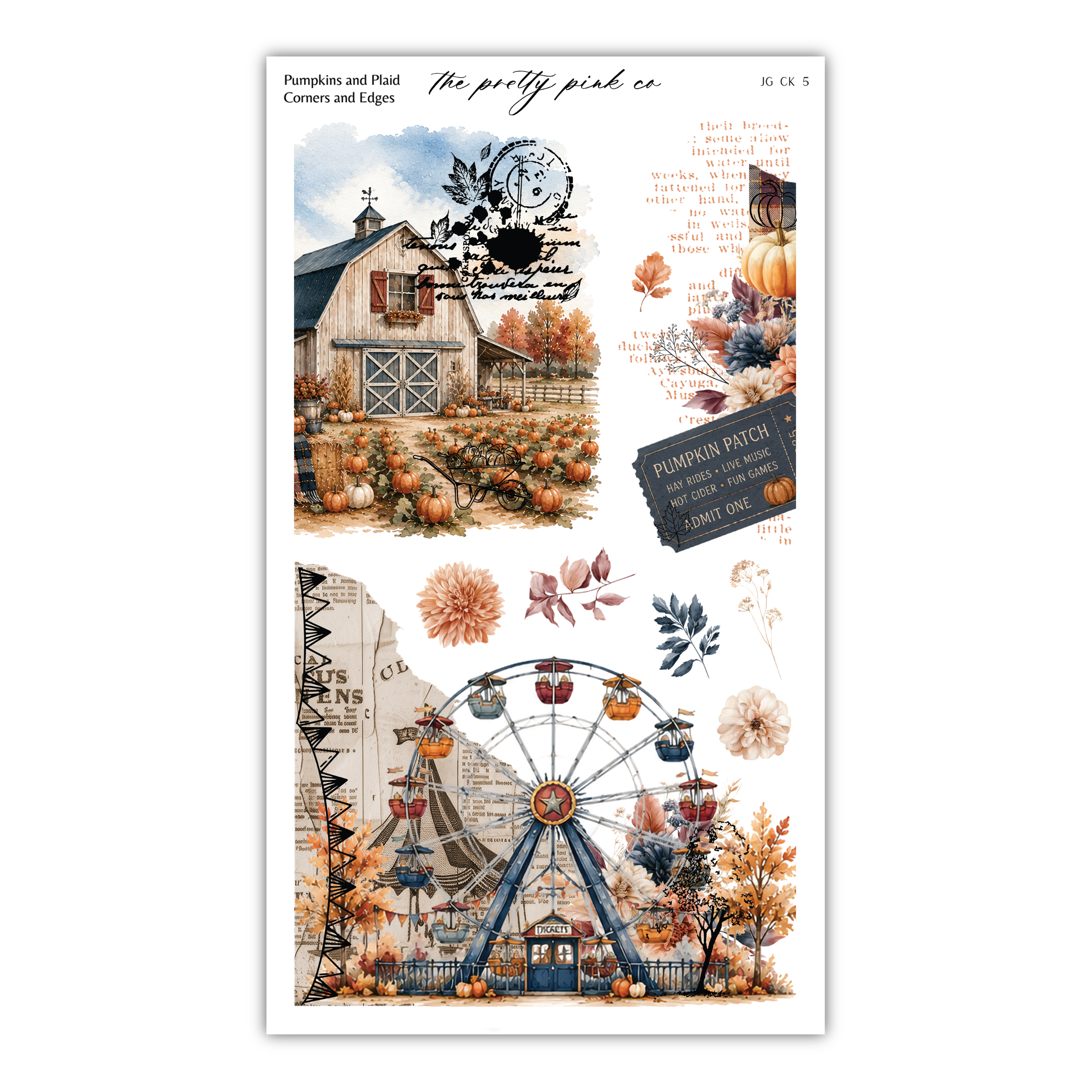 The image is a collage featuring various autumn-themed elements, including a barn, a ferris wheel, pumpkins, and leaves.