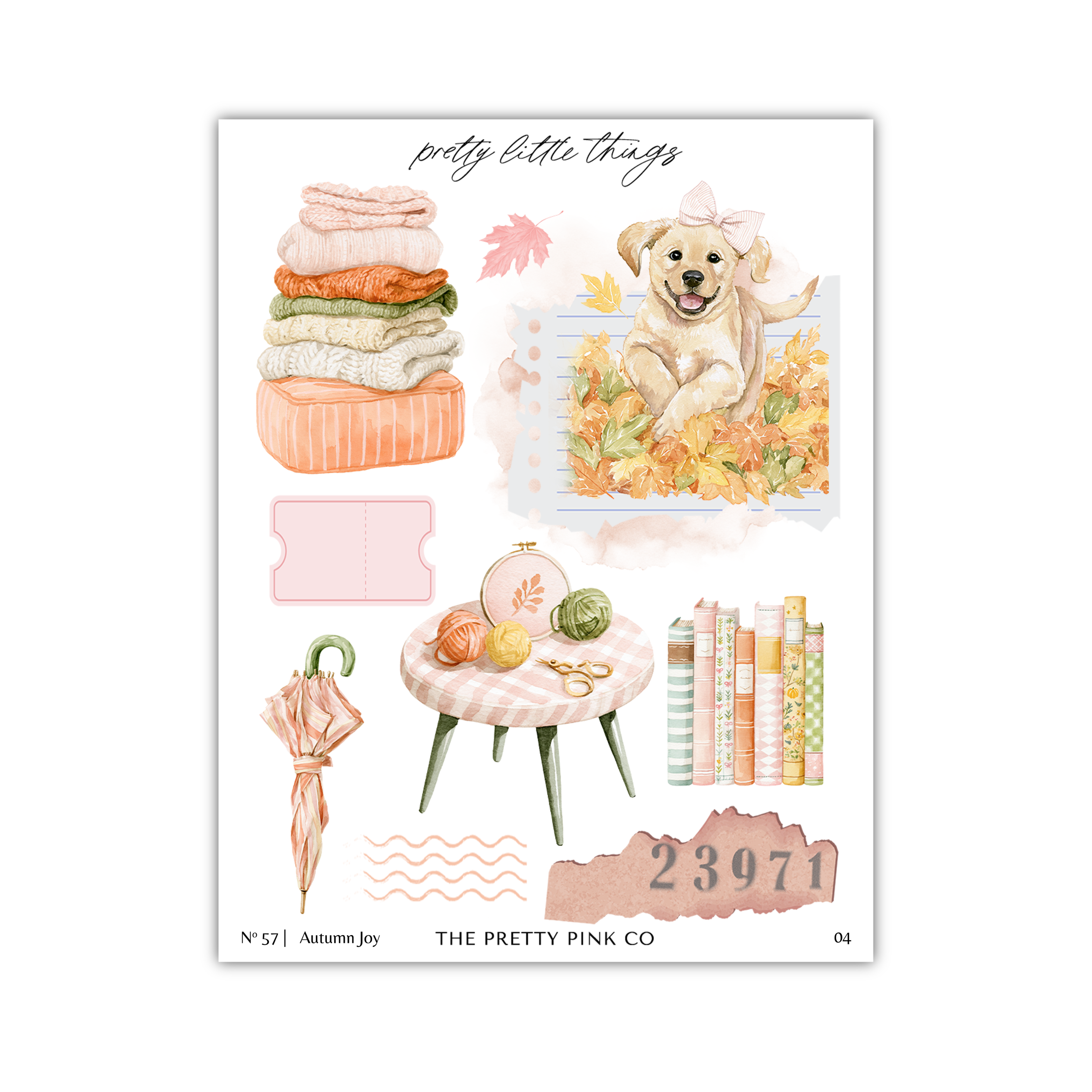 The image is a collage of various autumn-themed items, including a stack of towels, a dog sitting in a pile of leaves, a table with books and a vase, and a small umbrella.