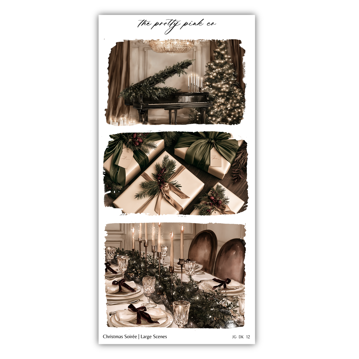 The image is a collage of three photos depicting various Christmas-themed scenes, including a decorated Christmas tree, wrapped gifts, and a table setting.