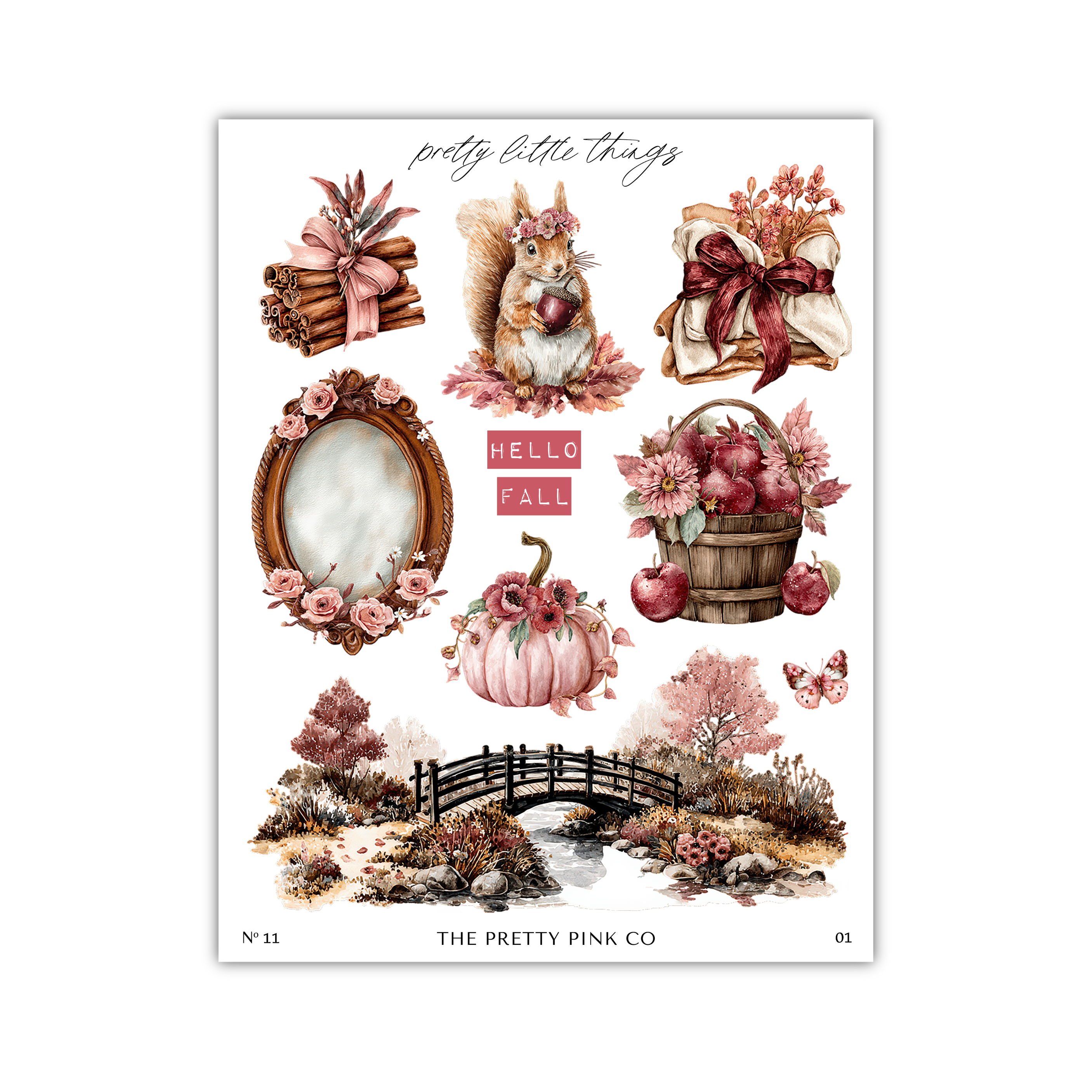 The image is a collage of various fall-themed illustrations, including a squirrel, a basket of apples, a mirror, a pumpkin, a bridge, and flowers. The text "pretty little things" is written above the illustrations, and "Hello fall" is written below them.