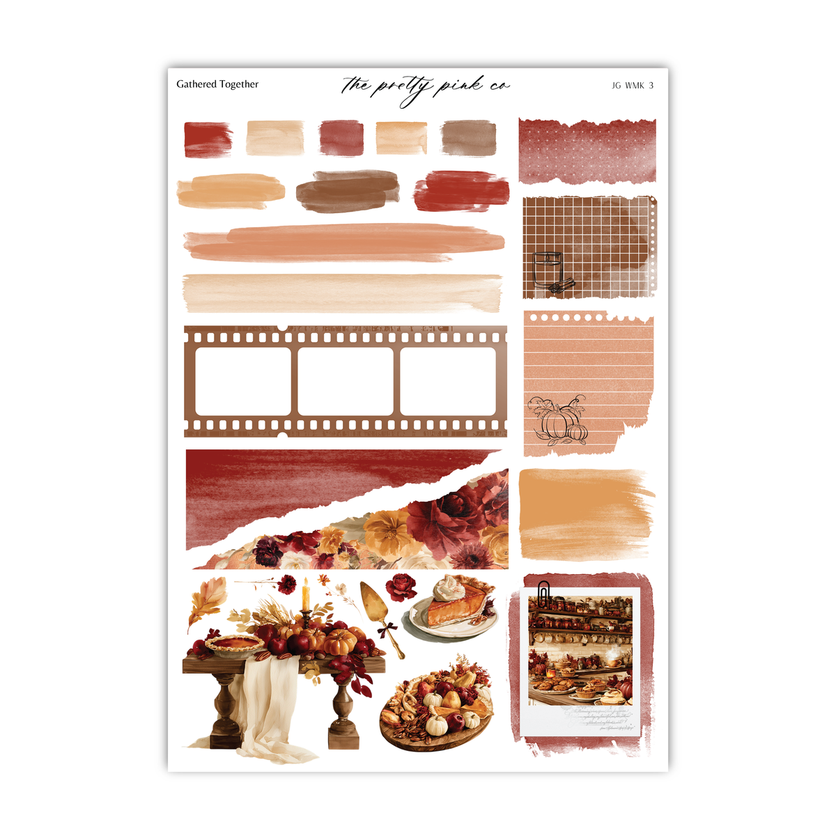 The image is a collage of various autumn-themed elements, including a wooden table with a vase of flowers, a pumpkin, and a plate of food. The collage also includes a film strip, a pattern, and a photograph of a table with food.