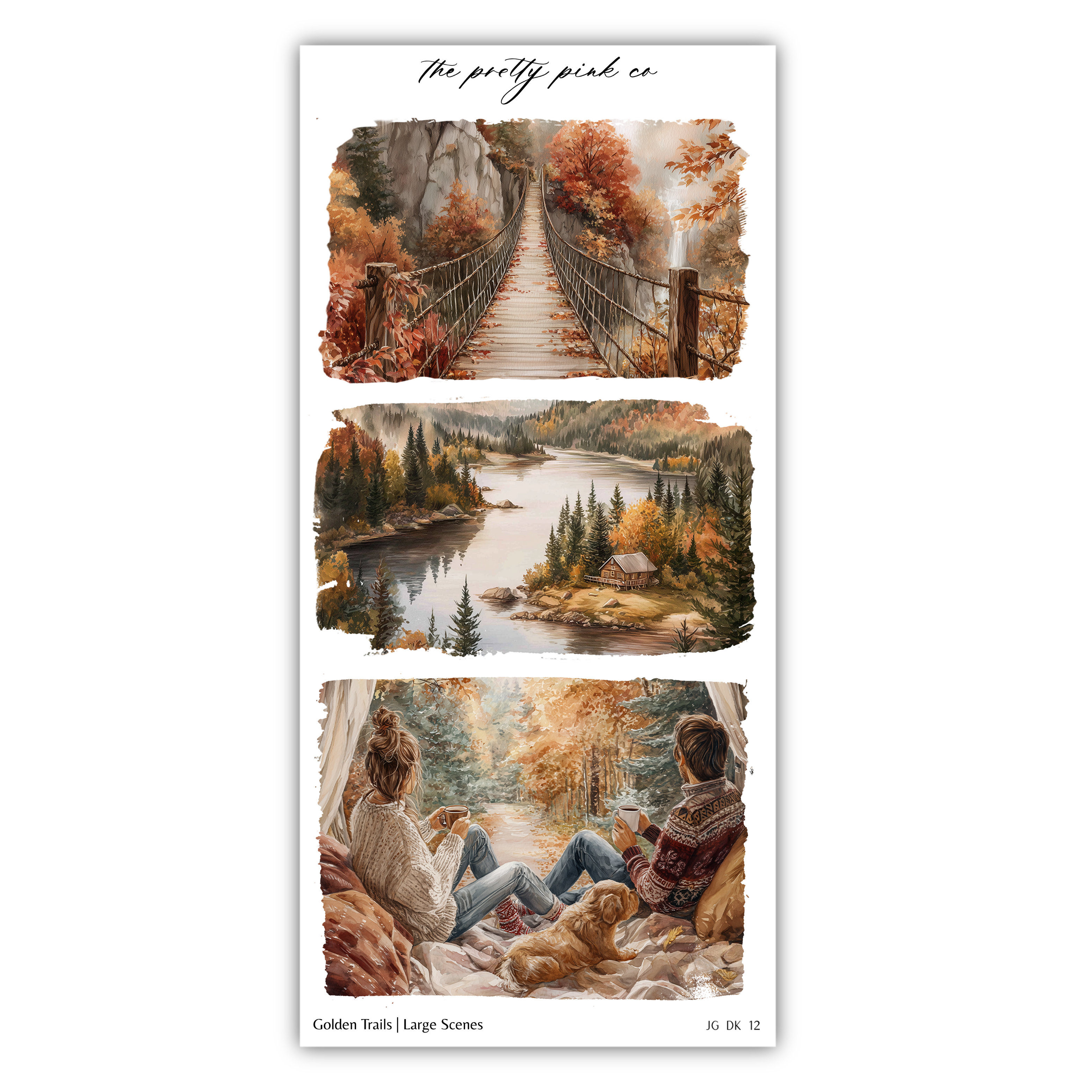 The image is a collage of three pictures depicting various autumn scenes, including a bridge, a forest, and a couple sitting on a blanket.