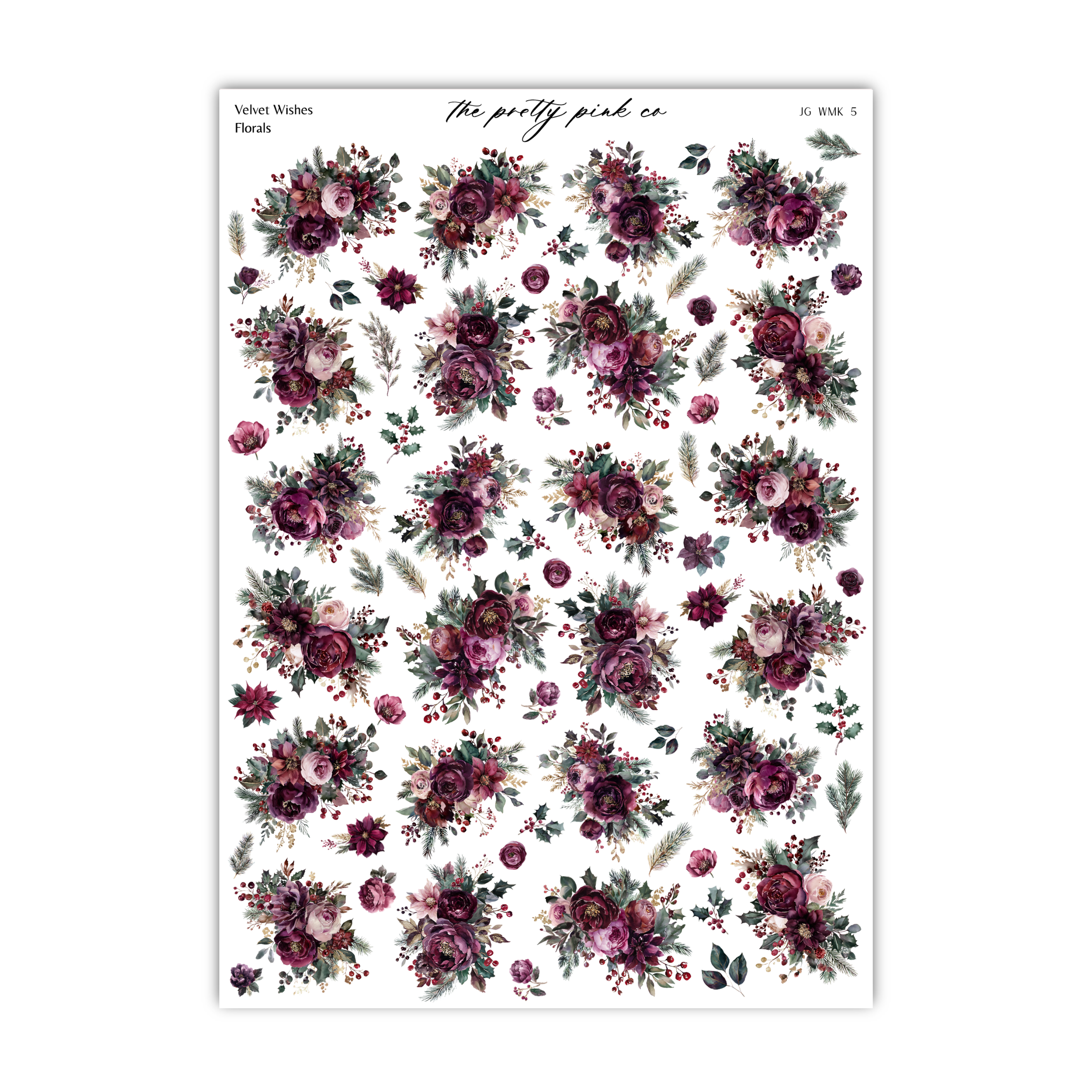 a collection of floral designs, including various types of flowers and leaves, arranged in a grid-like pattern. The designs feature a variety of colors, including shades of purple, pink, and green, creating a visually appealing and vibrant composition.