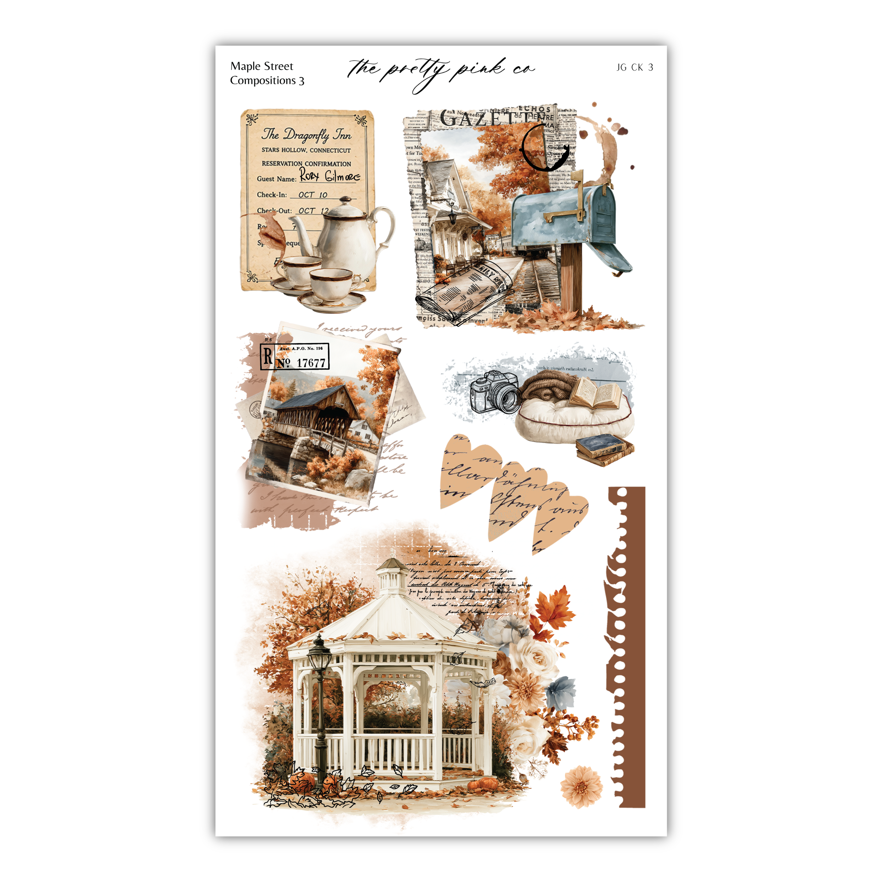 The image is a collage of various autumn-themed elements, including a gazebo, a mailbox, a teapot, a cup, a book, and a bird. The collage is composed of multiple images, and the text is not described in detail.