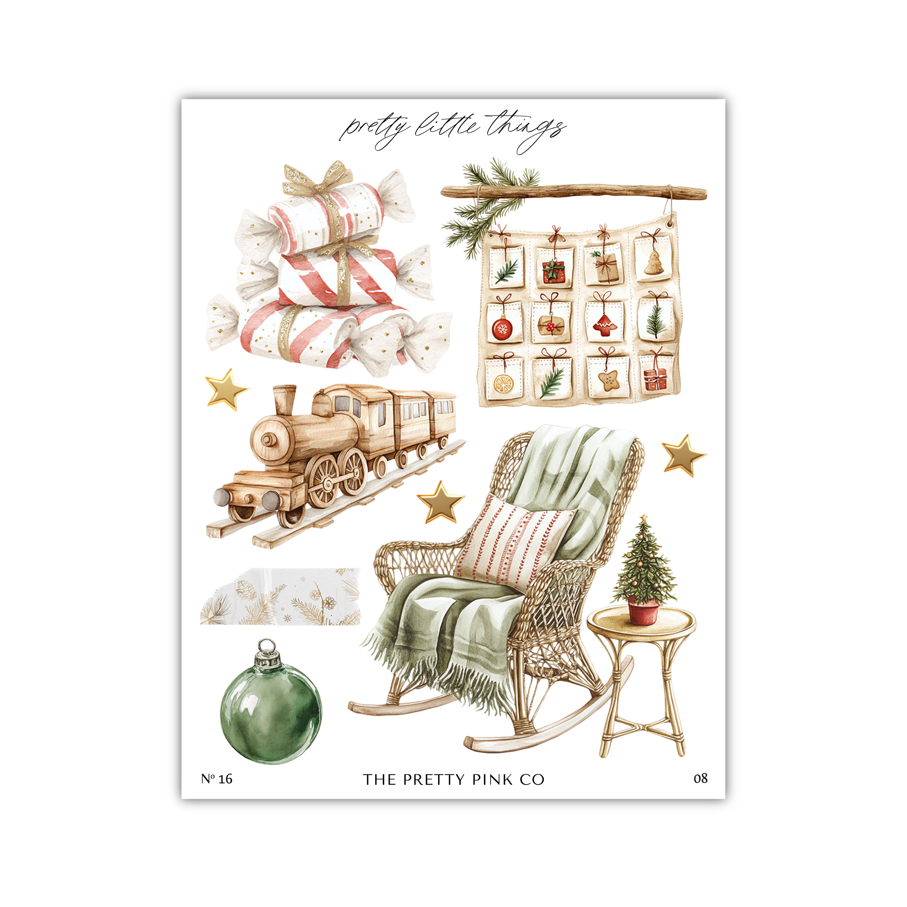 The image is a collage of various Christmas-themed items, including a train, a rocking chair, ornaments, a tree, and other festive decorations.