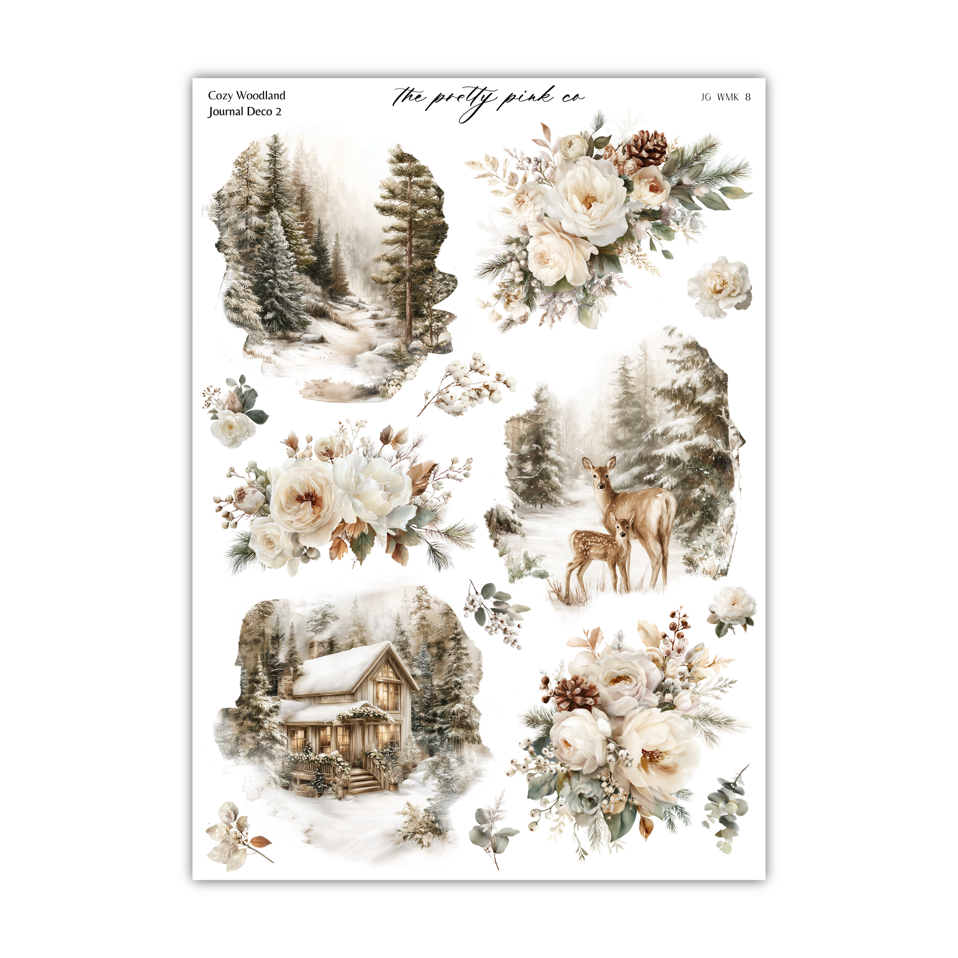 The image is a collage of various winter-themed scenes, including a snowy forest, a cabin, a deer, and flowers.