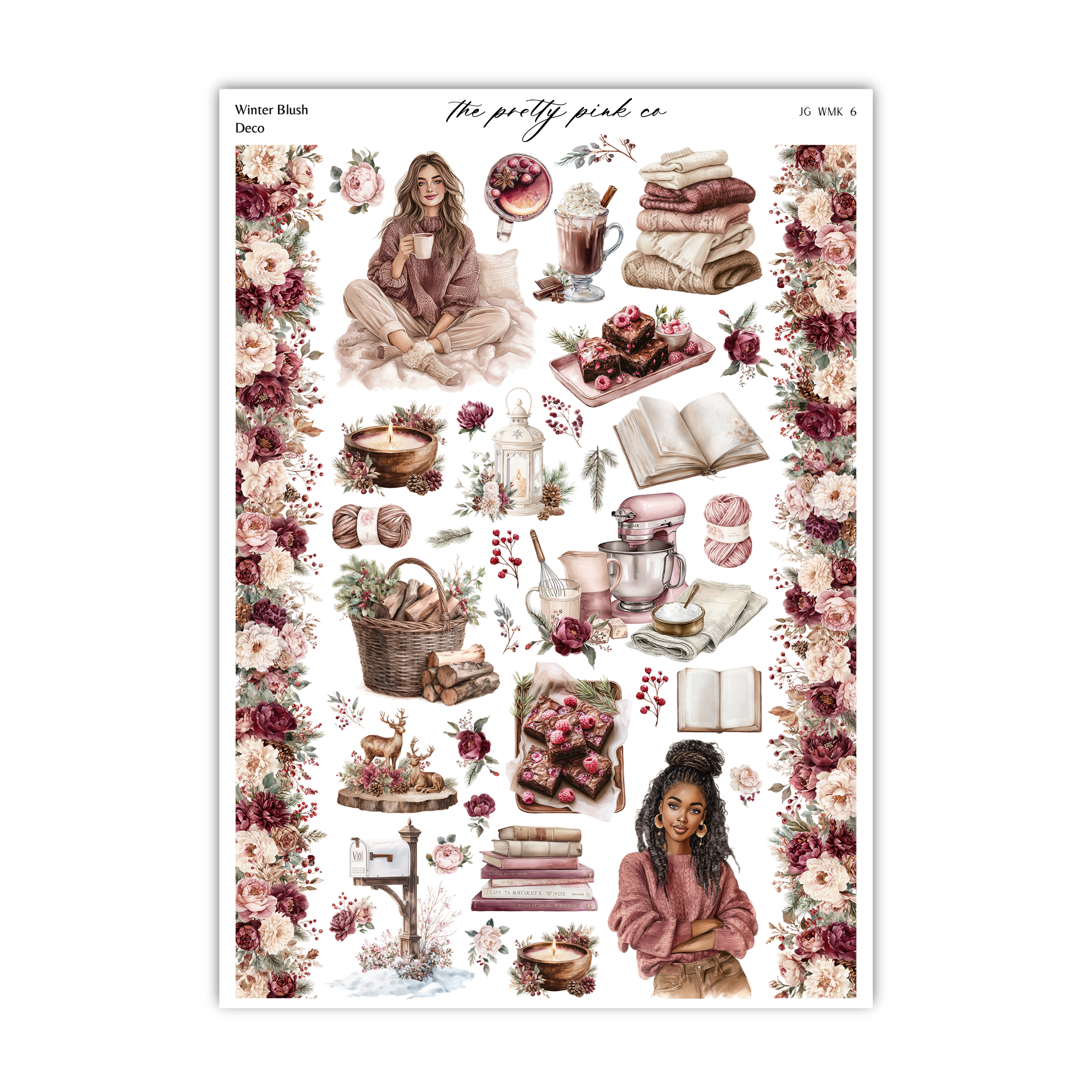 a sticker sheet with a woman surrounded by flowers