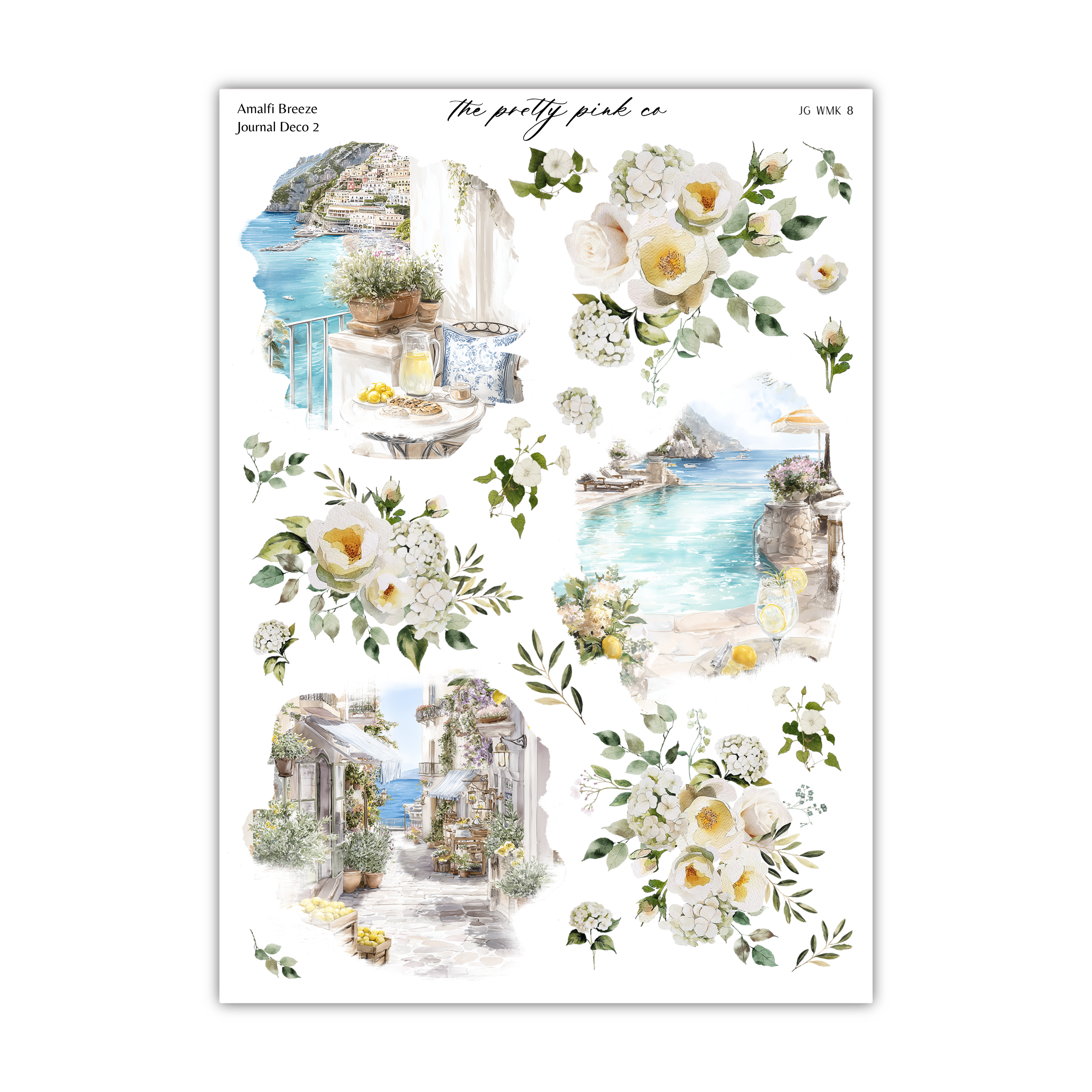 The image is a collage of various floral and architectural scenes, including a coastal view, a garden, and a cityscape.