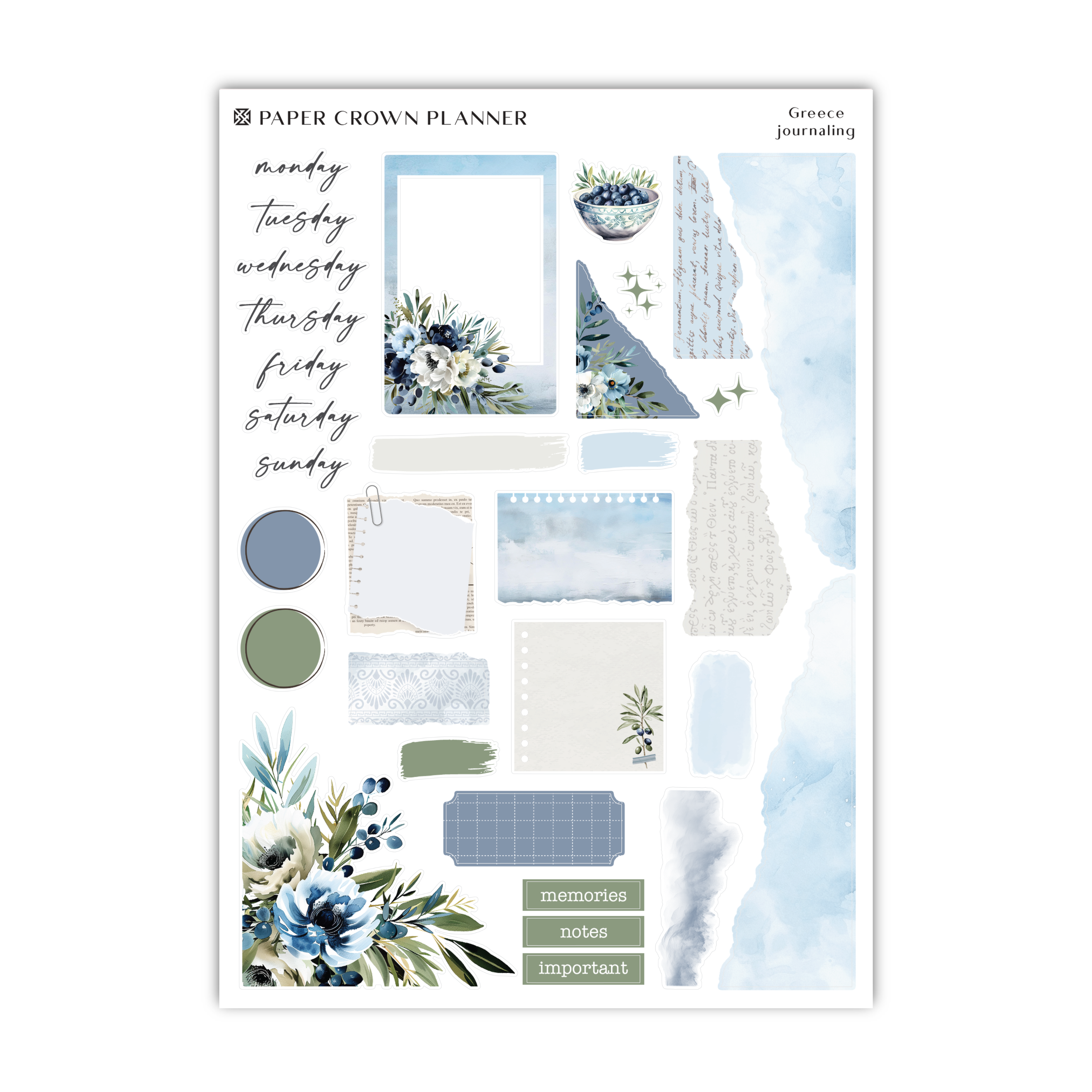 a blue and white planner sticker sheet