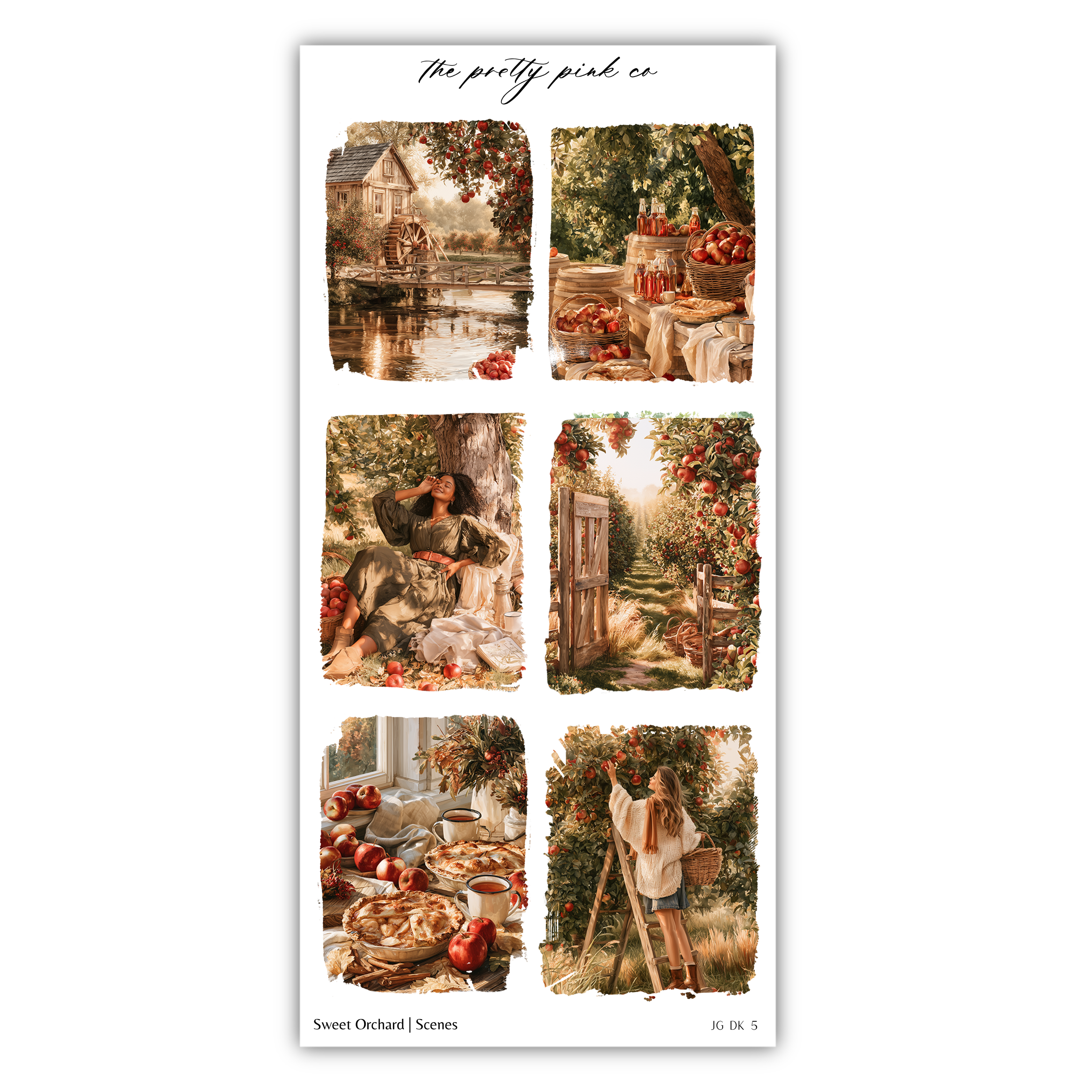 The image is a collage of six pictures depicting various scenes related to apples, including a person sitting in a basket of apples, a person picking apples, and a person sitting in a basket of apples.