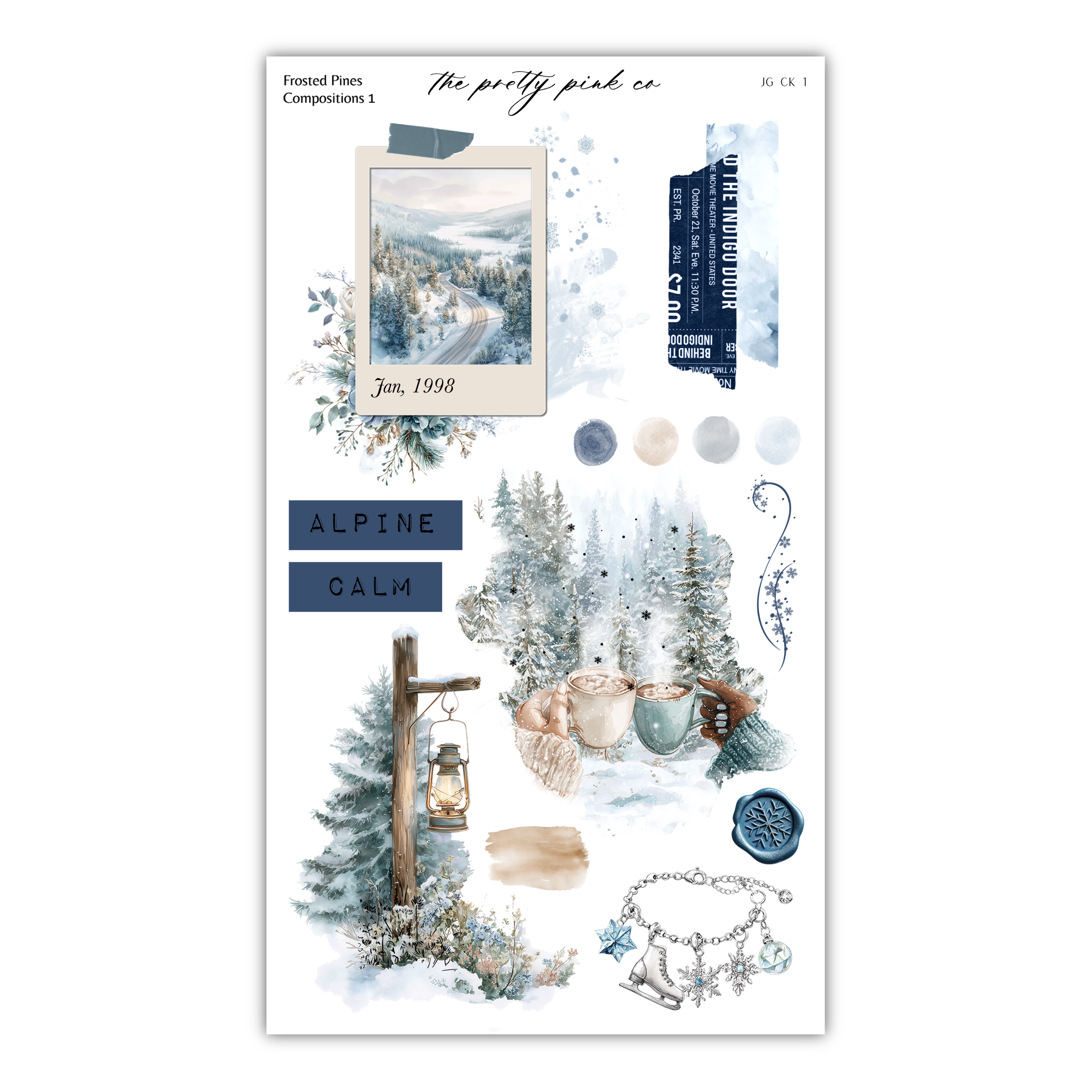 The image is a collage of various winter-themed elements, including a snowy landscape, a cabin, a lantern, and other winter-related objects. The collage is titled "The pretty pink co" and features a variety of winter-themed elements, such as a cabin, a lantern, and a snowy landscape.