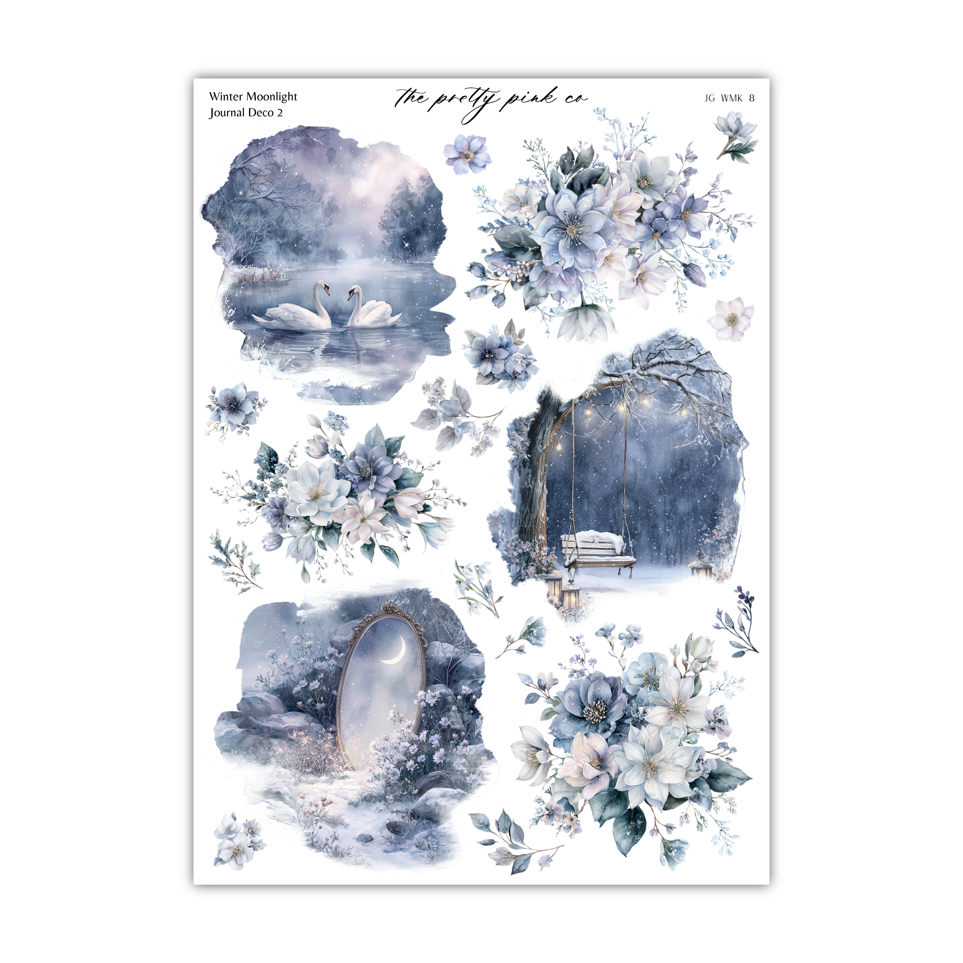 The image is a collage of various winter-themed scenes, including swans in a lake, a snowy landscape, a swing set, and a mirror. The overall color palette is predominantly blue and white, with accents of green and purple. The collage is titled "Winter Moonlight Journal Deco 2" and includes the text "The pretty pink co" at the top.