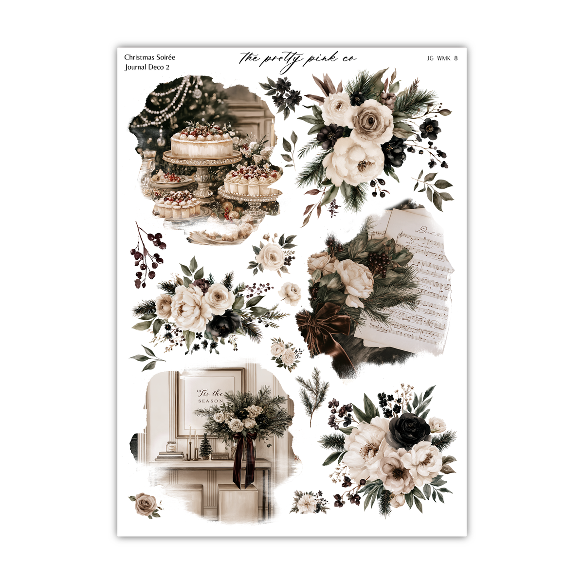 The image is a collage of various floral and decorative elements, including cakes, flowers, and other festive or holiday-themed items.