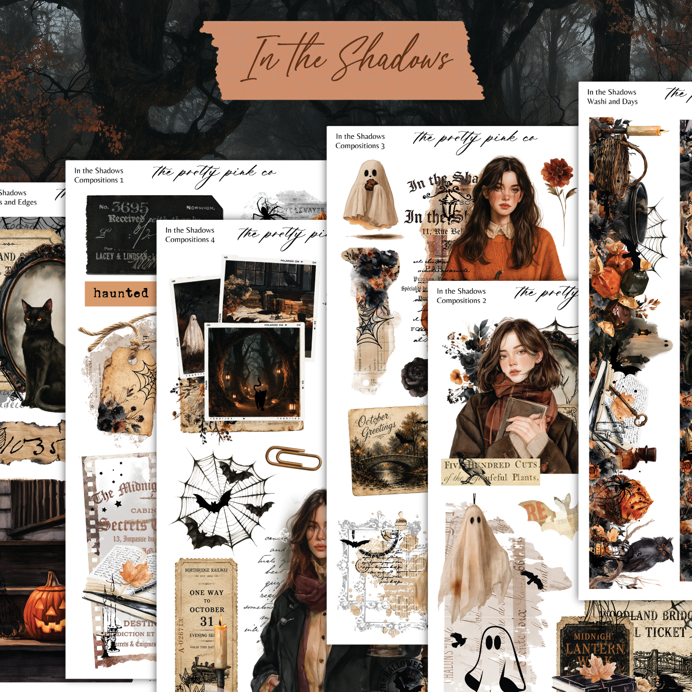 The image is a collage of Halloween-themed images, including ghostly figures, bats, pumpkins, and other spooky elements. The collage is titled "In the Shadows" and features various Halloween-related elements, such as a black cat, a witch's cauldron, and a skeleton. The collage contains a total of 13 images, each with its own unique Halloween-themed elements and decorations.
