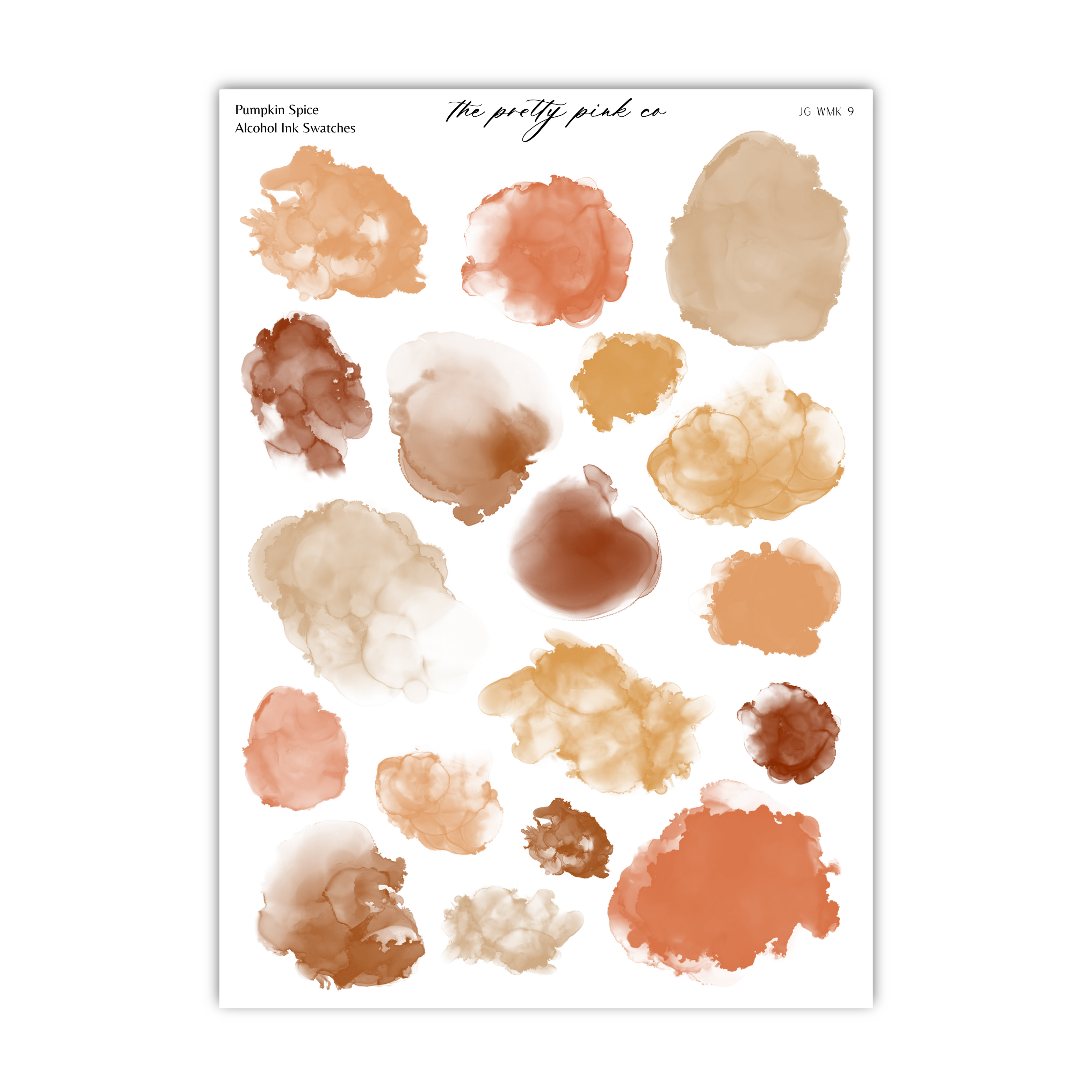 a collection of abstract watercolor-style splatters in various shades of brown, orange, and beige, arranged in a grid-like pattern.