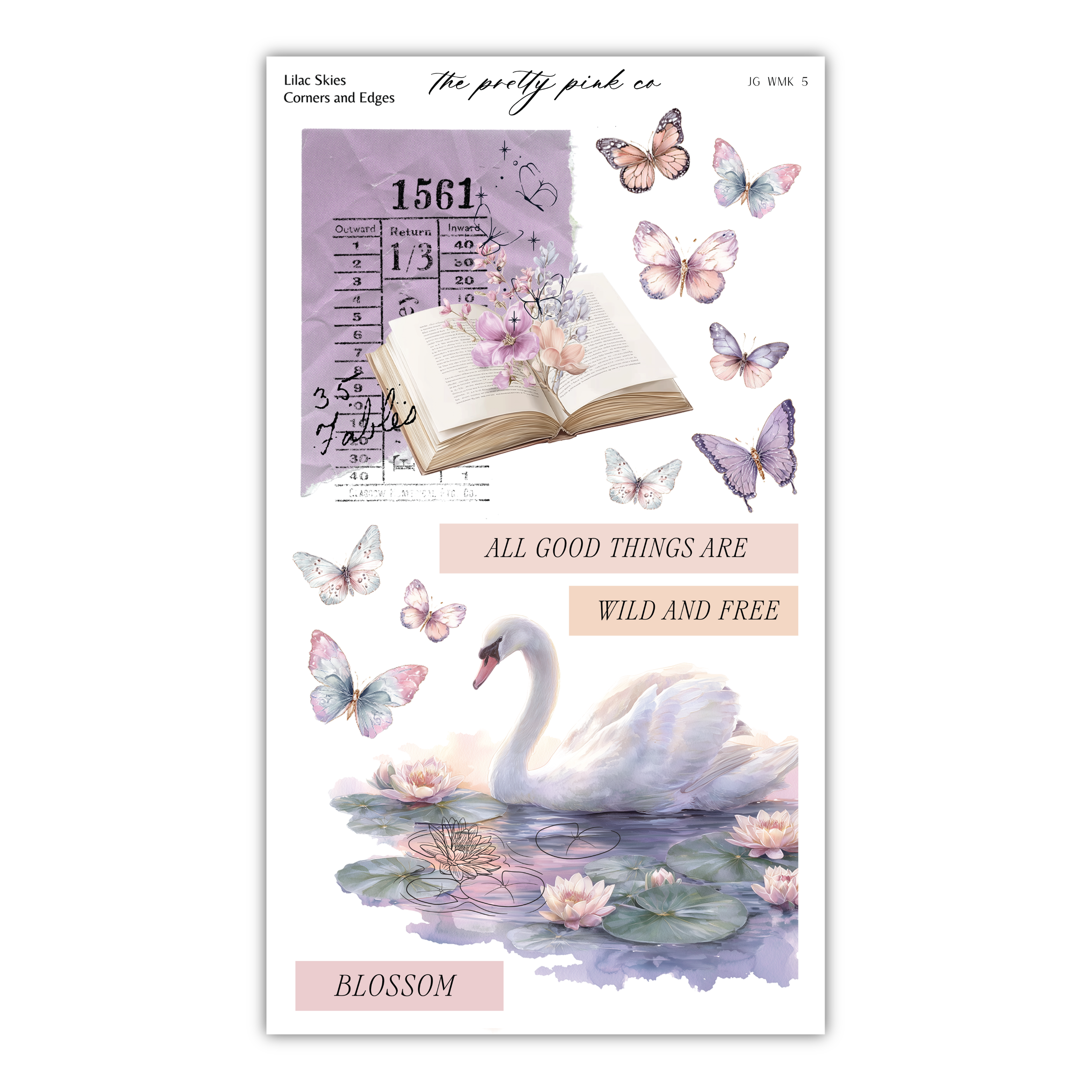 The image is a collage featuring a swan, butterflies, flowers, and a book, with the text "All good things are wild and free" and "Blossom" written below.