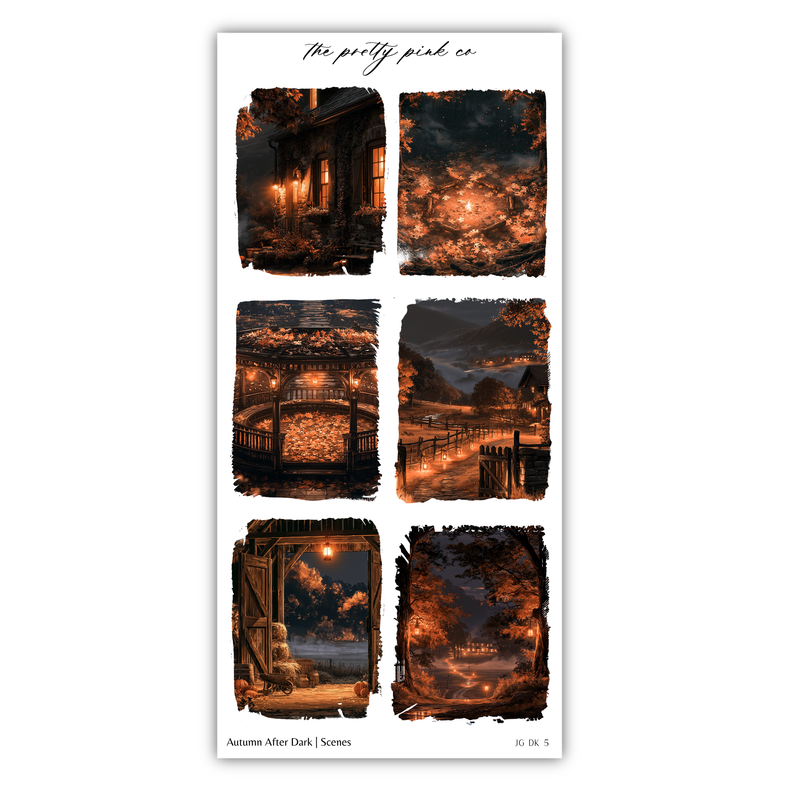 The image is a collage of six different scenes depicting autumn after dark, with warm and glowing colors.