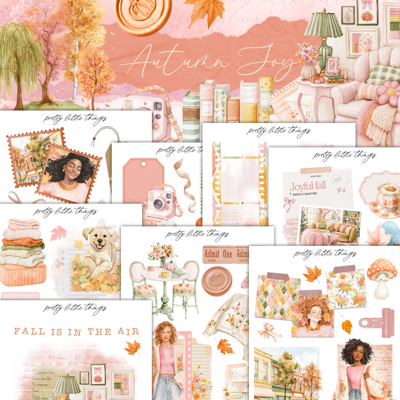 The image is a collage of various autumn-themed elements, including a tree, flowers, a lamp, a couch, and a person. The collage is titled "Autumn Joy" and includes text such as "Autumn Joy" and "proud little things".