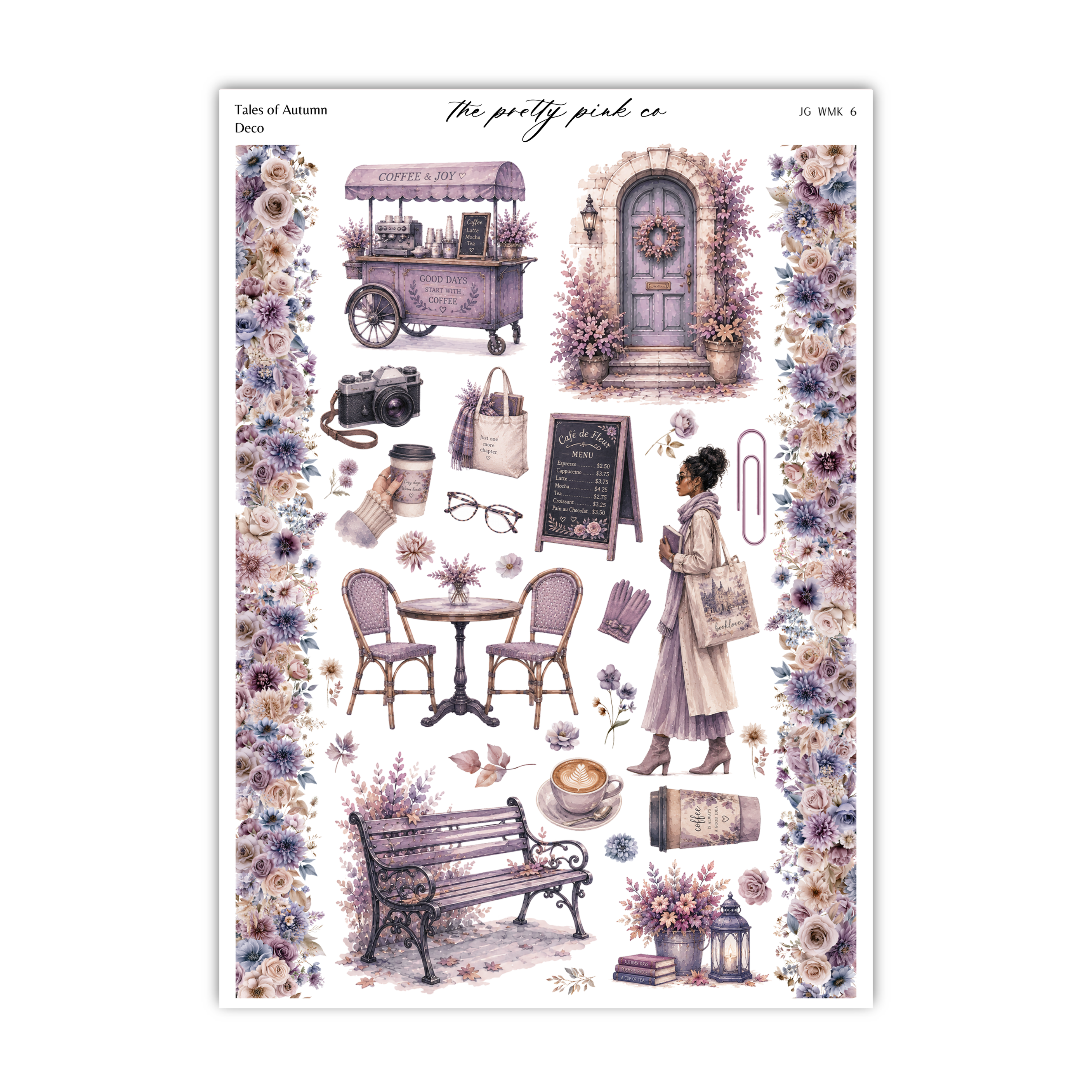 The image is a collage of various objects and scenes, including a woman, a bench, a table, a camera, a sign, flowers, and other decorative elements. The collage appears to be a collection of different elements that together create a visually appealing and harmonious composition.