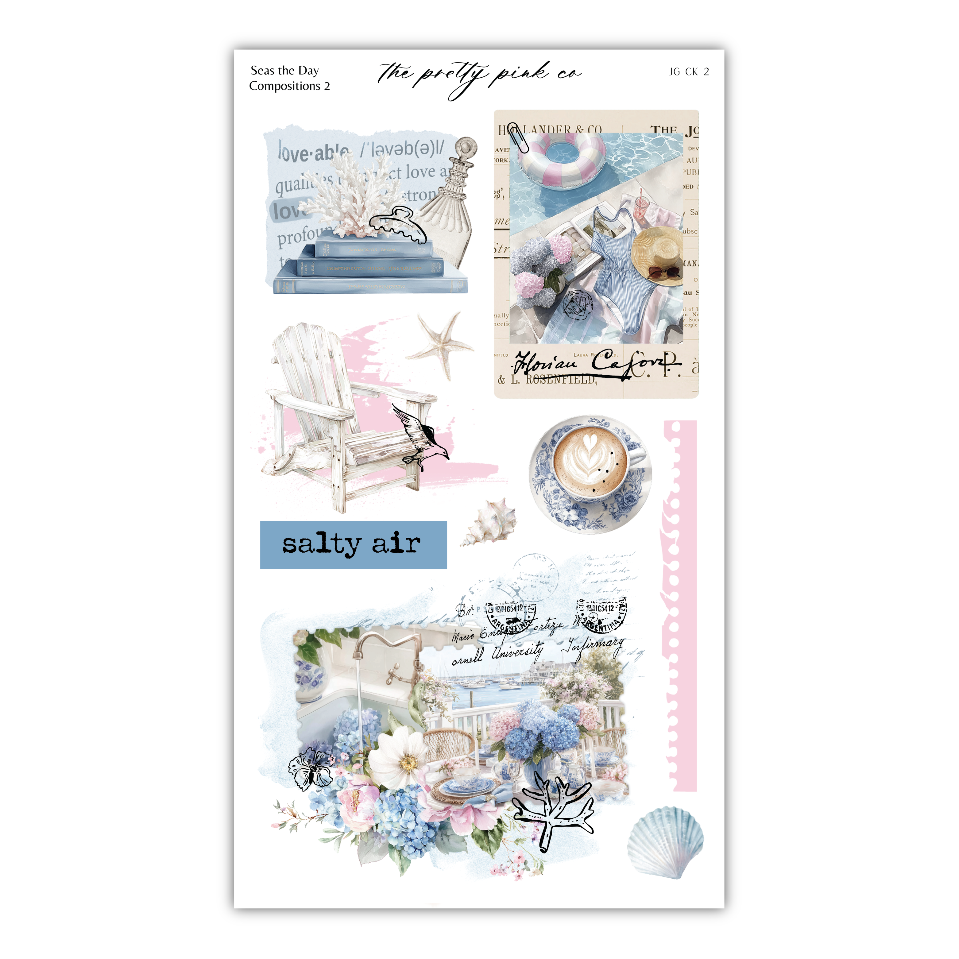 The image is a collage of various elements, including a chair, a cup, flowers, and a seashell, all set against a beach or ocean-themed background. The collage appears to be a creative and artistic representation of a beach or ocean scene, with a focus on the elements that evoke a sense of relaxation and leisure.