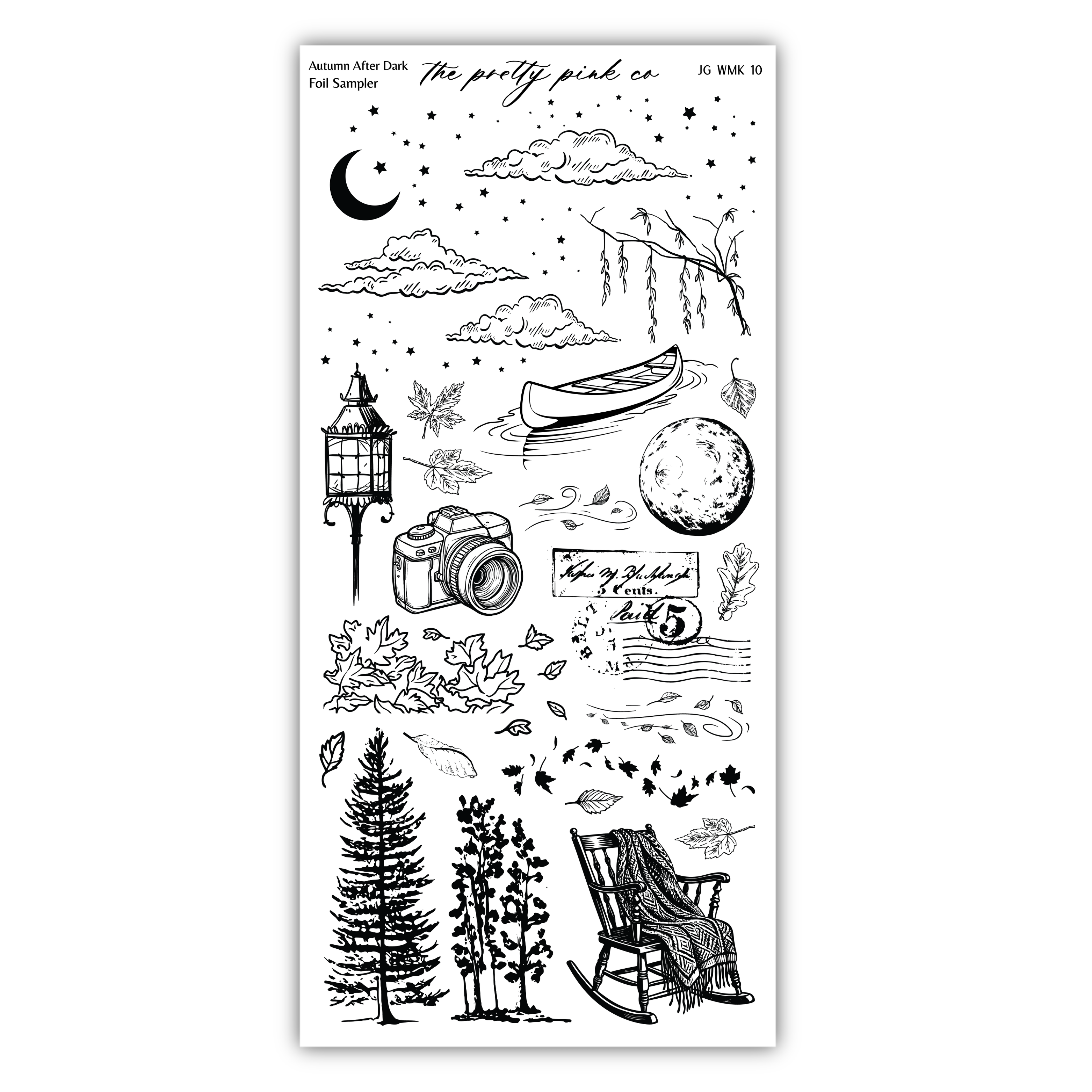 various black and white illustrations and objects, including a crescent moon, clouds, a boat, a lantern, a camera, a rocking chair, a pine tree, and a blanket. The image is a collage of different elements, and there are no specific phrases or descriptions provided.