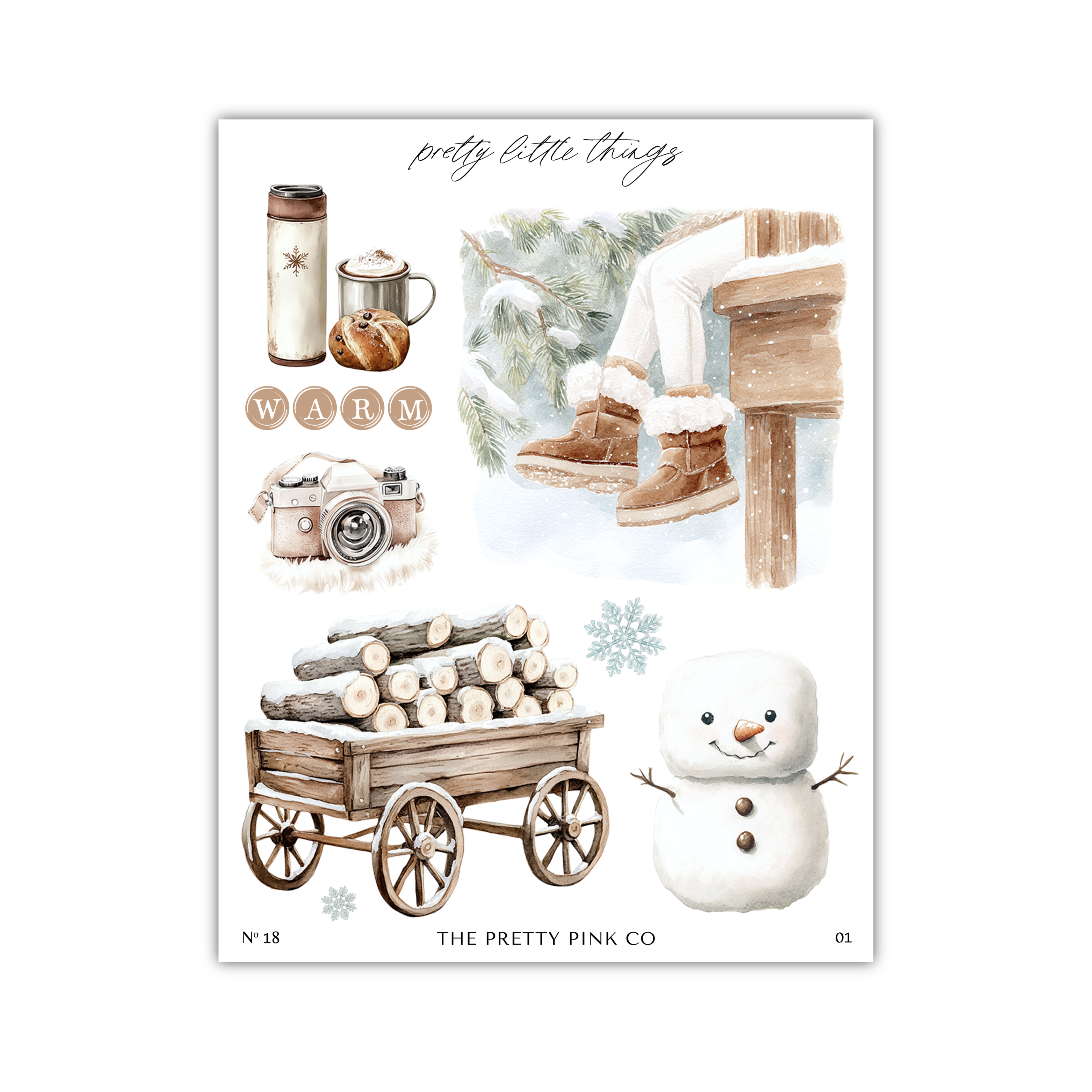 The image is a collage of various winter-themed items, including a cup, a snowman, a wagon, and a pair of boots.